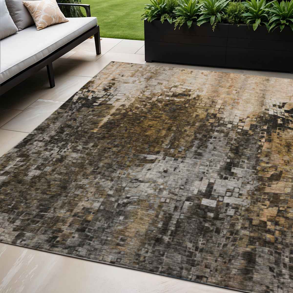 5' X 8' Brown And Copper Abstract Washable Indoor Outdoor Area Rug