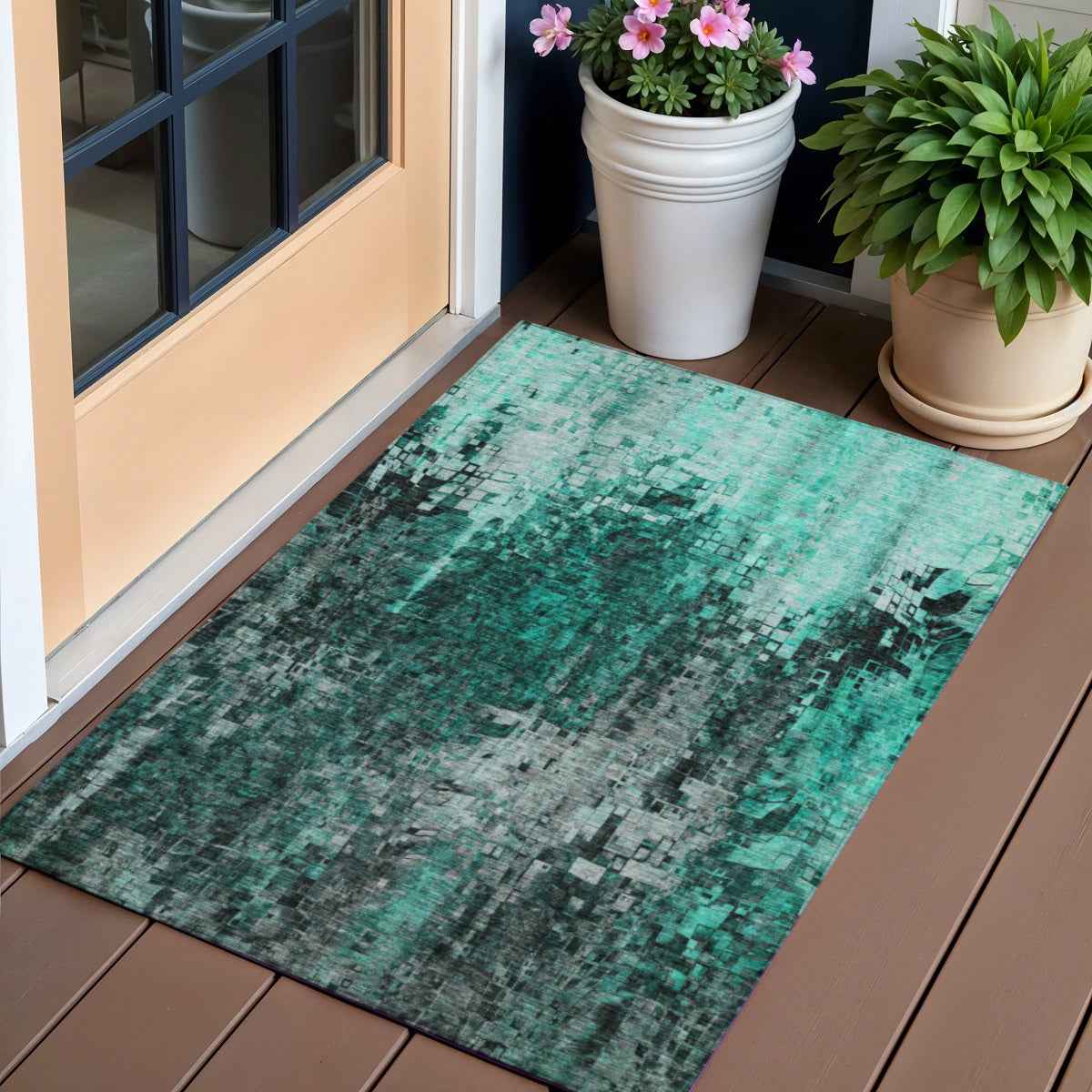 3' X 5' Teal Blue Aqua And Gray Abstract Washable Indoor Outdoor Area Rug