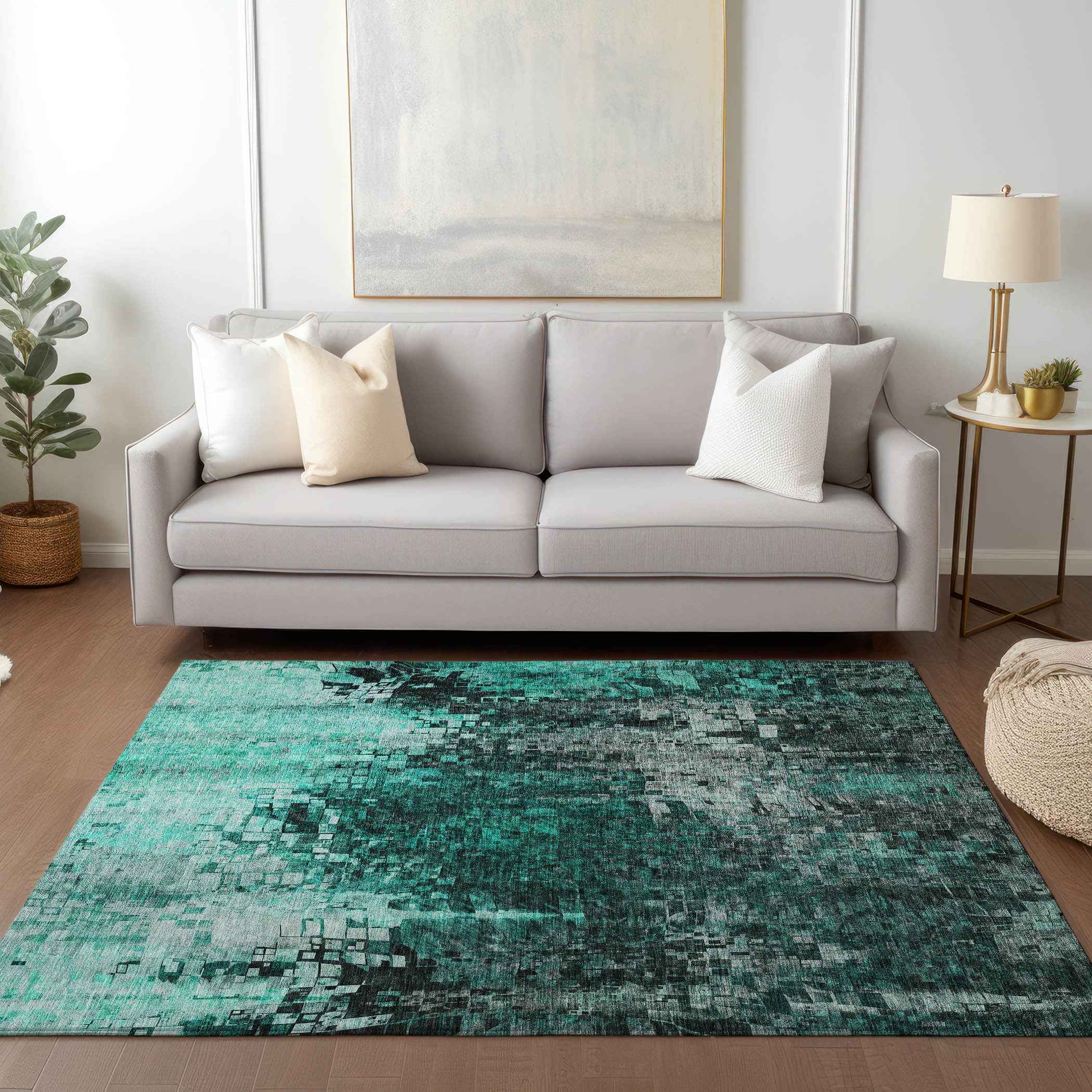 3' X 5' Teal Blue Aqua And Gray Abstract Washable Indoor Outdoor Area Rug