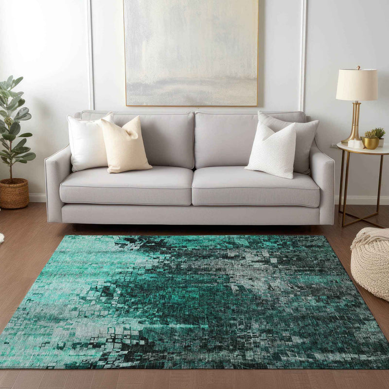 3' X 5' Teal Blue Aqua And Gray Abstract Washable Indoor Outdoor Area Rug