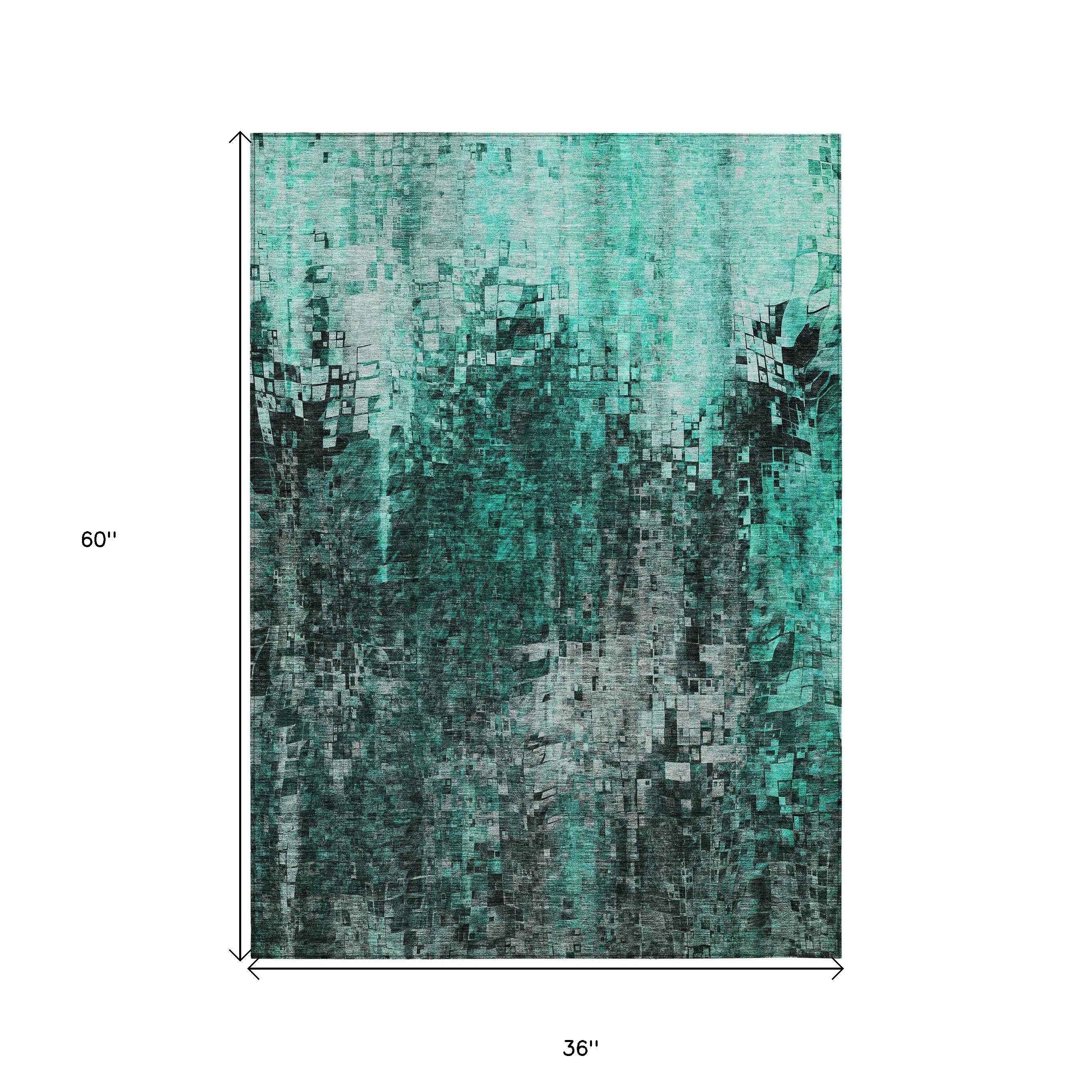 3' X 5' Teal Blue Aqua And Gray Abstract Washable Indoor Outdoor Area Rug