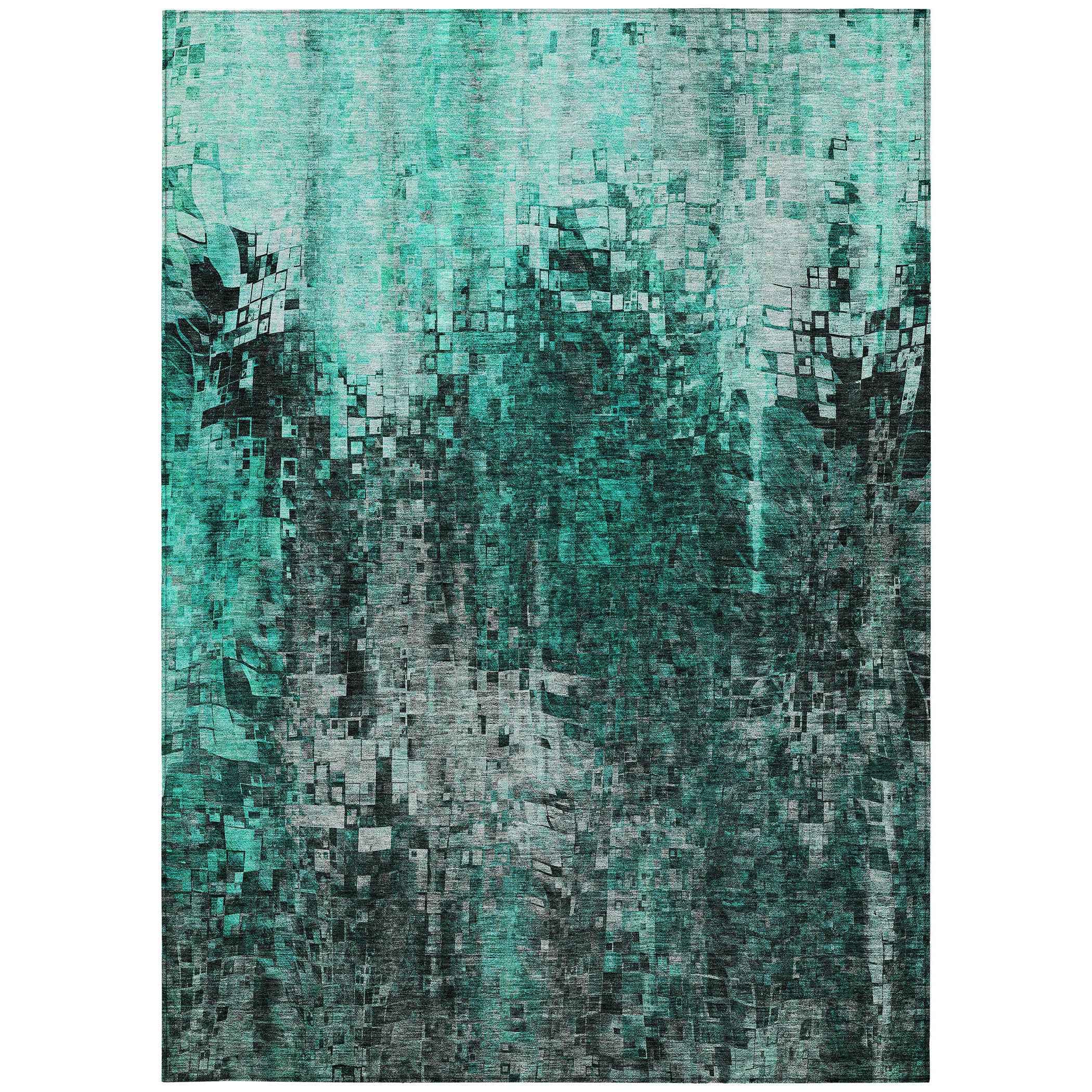 3' X 5' Teal Blue Aqua And Gray Abstract Washable Indoor Outdoor Area Rug