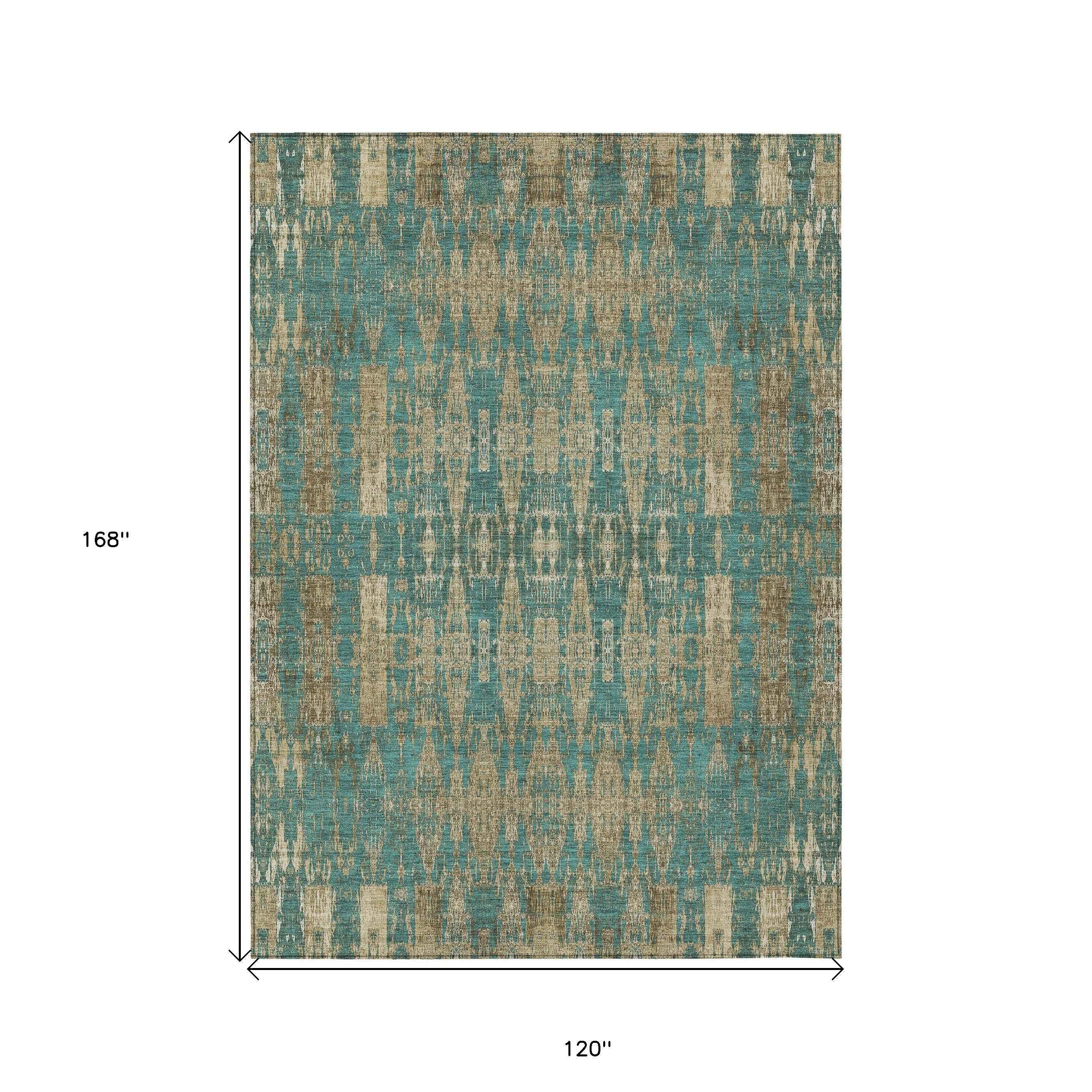 10' X 14' Teal Blue Taupe And Beige Moroccan Washable Indoor Outdoor Area Rug