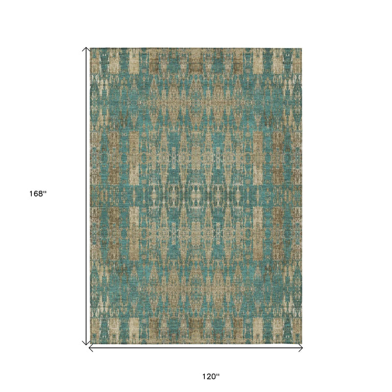 10' X 14' Teal Blue Taupe And Beige Moroccan Washable Indoor Outdoor Area Rug