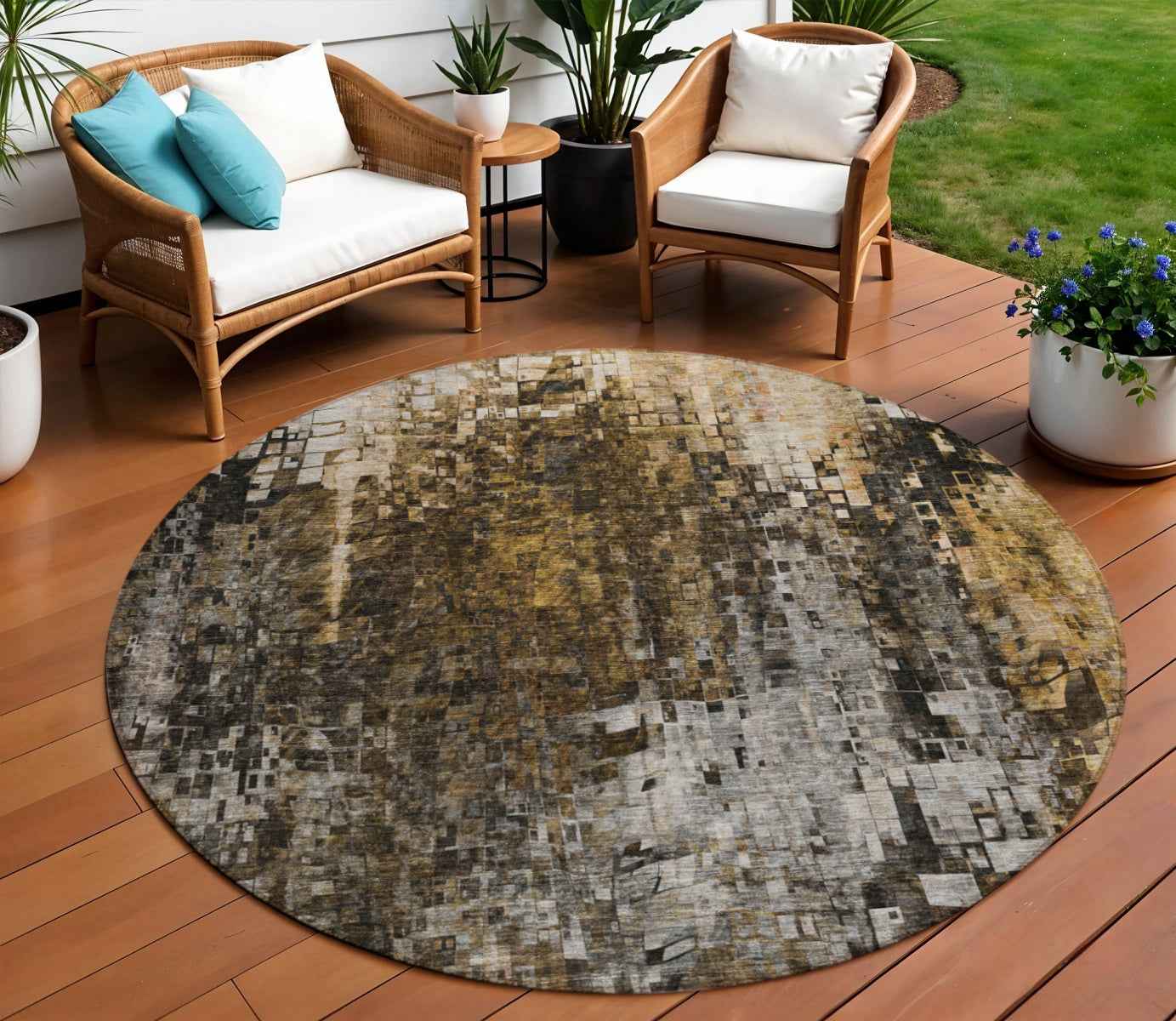 8' Brown And Copper Round Abstract Washable Indoor Outdoor Area Rug