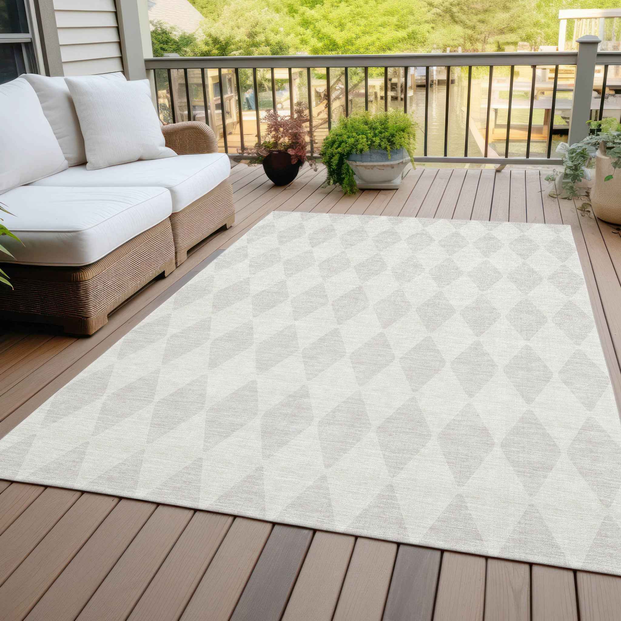 9' X 12' Ivory And Beige Geometric Washable Indoor Outdoor Area Rug