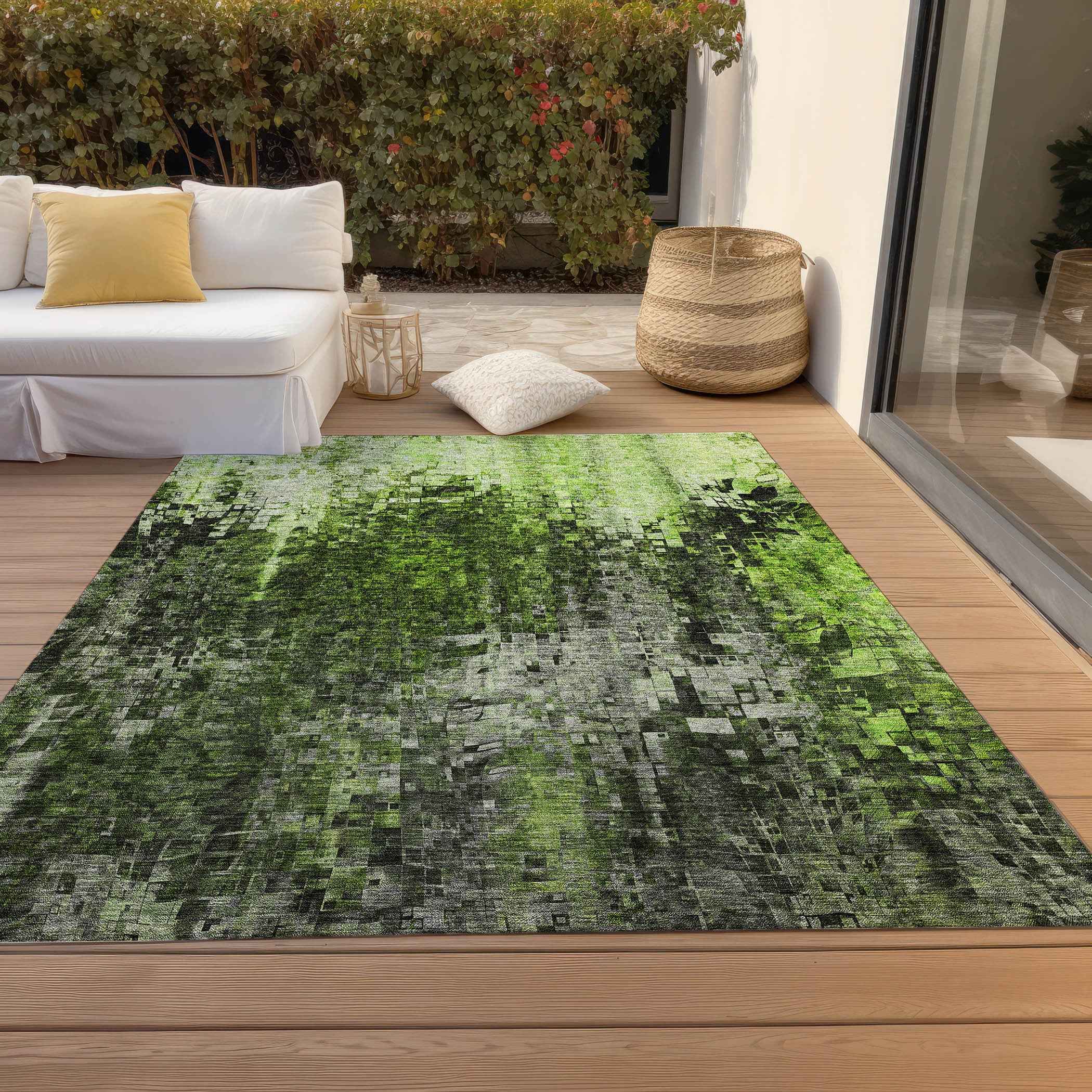 3' X 5' Green And Lime Green Abstract Washable Indoor Outdoor Area Rug