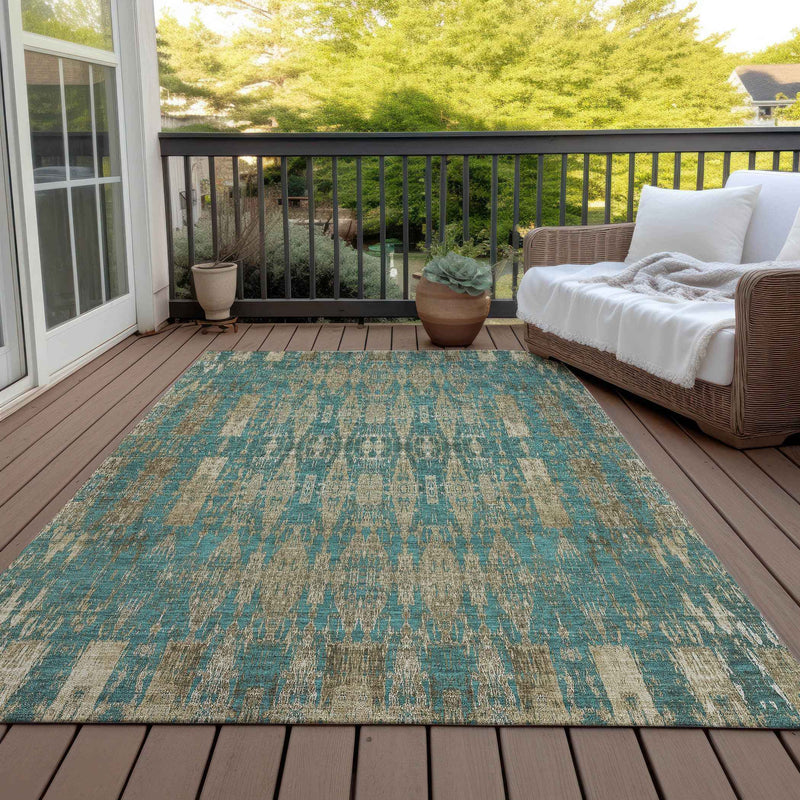 8' X 10' Teal Blue Taupe And Beige Moroccan Washable Indoor Outdoor Area Rug