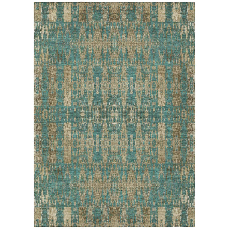 8' X 10' Teal Blue Taupe And Beige Moroccan Washable Indoor Outdoor Area Rug