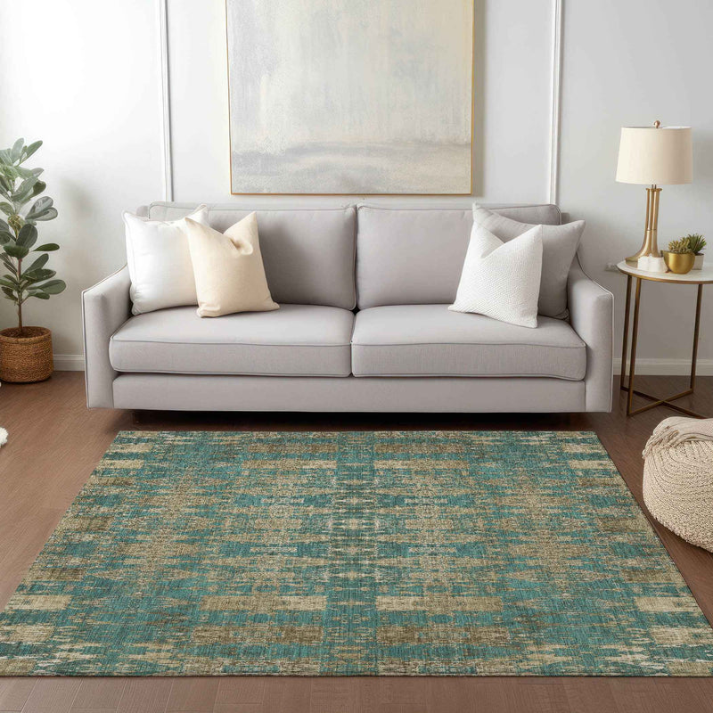 8' X 10' Teal Blue Taupe And Beige Moroccan Washable Indoor Outdoor Area Rug