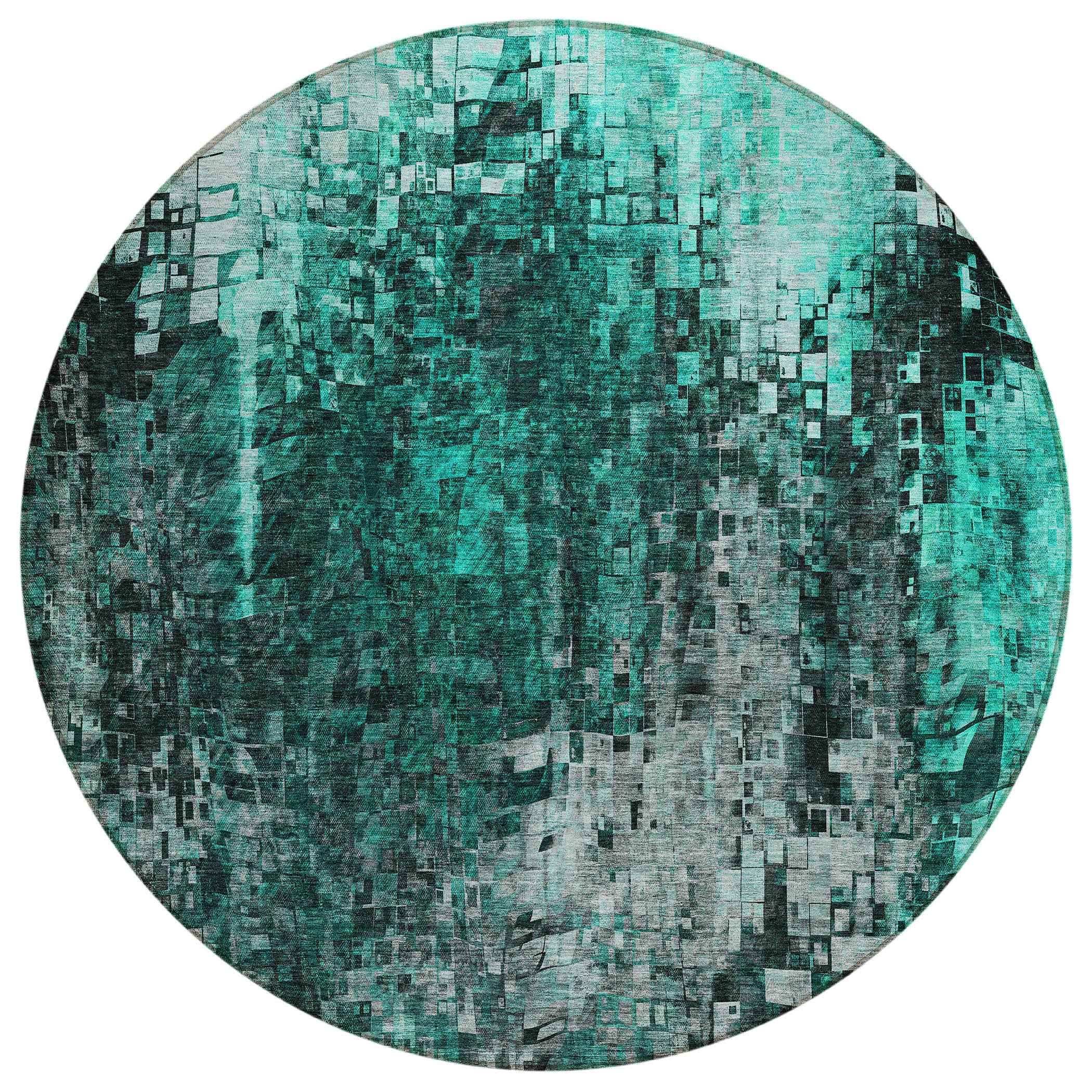8' Teal Blue Aqua And Gray Round Abstract Washable Indoor Outdoor Area Rug