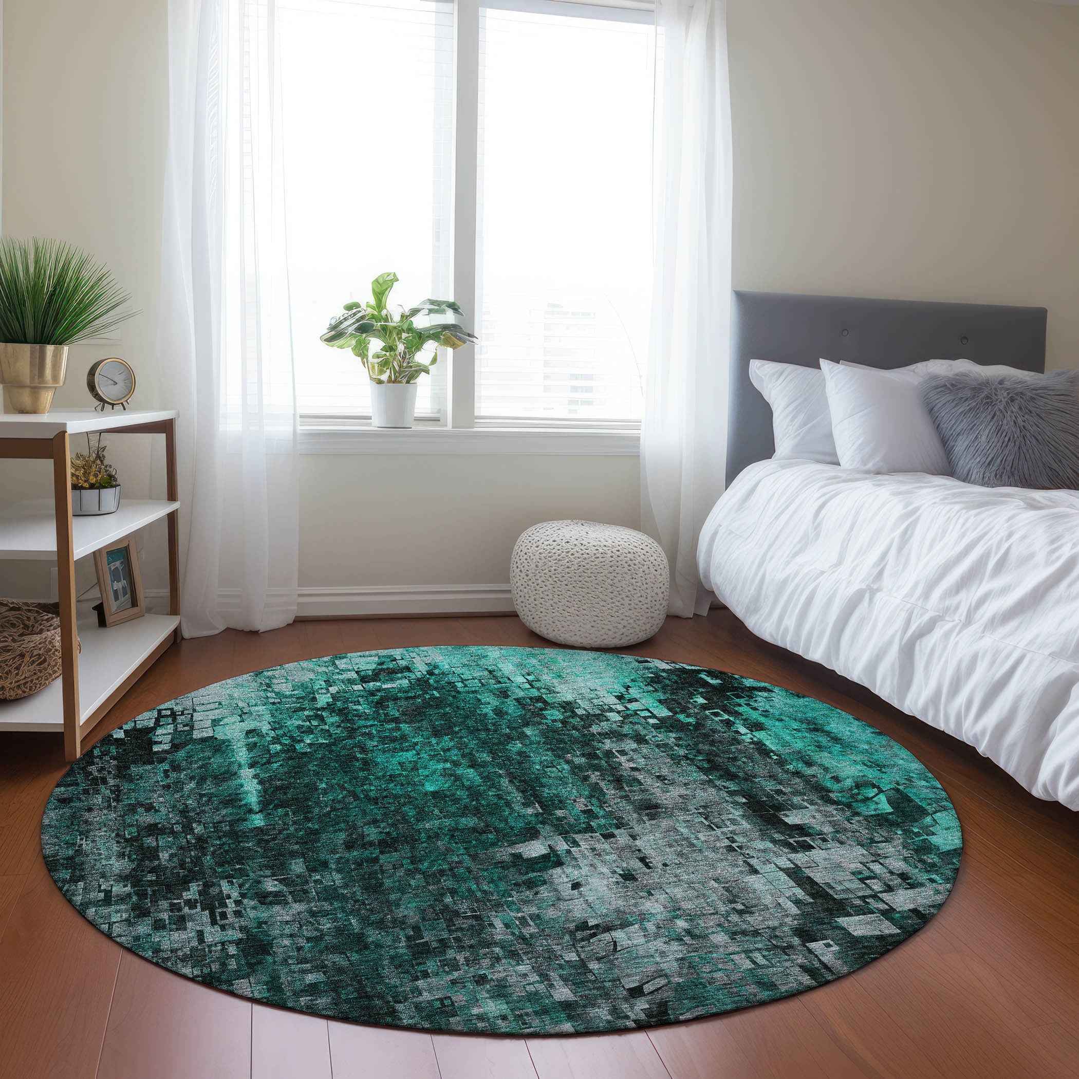 8' Teal Blue Aqua And Gray Round Abstract Washable Indoor Outdoor Area Rug