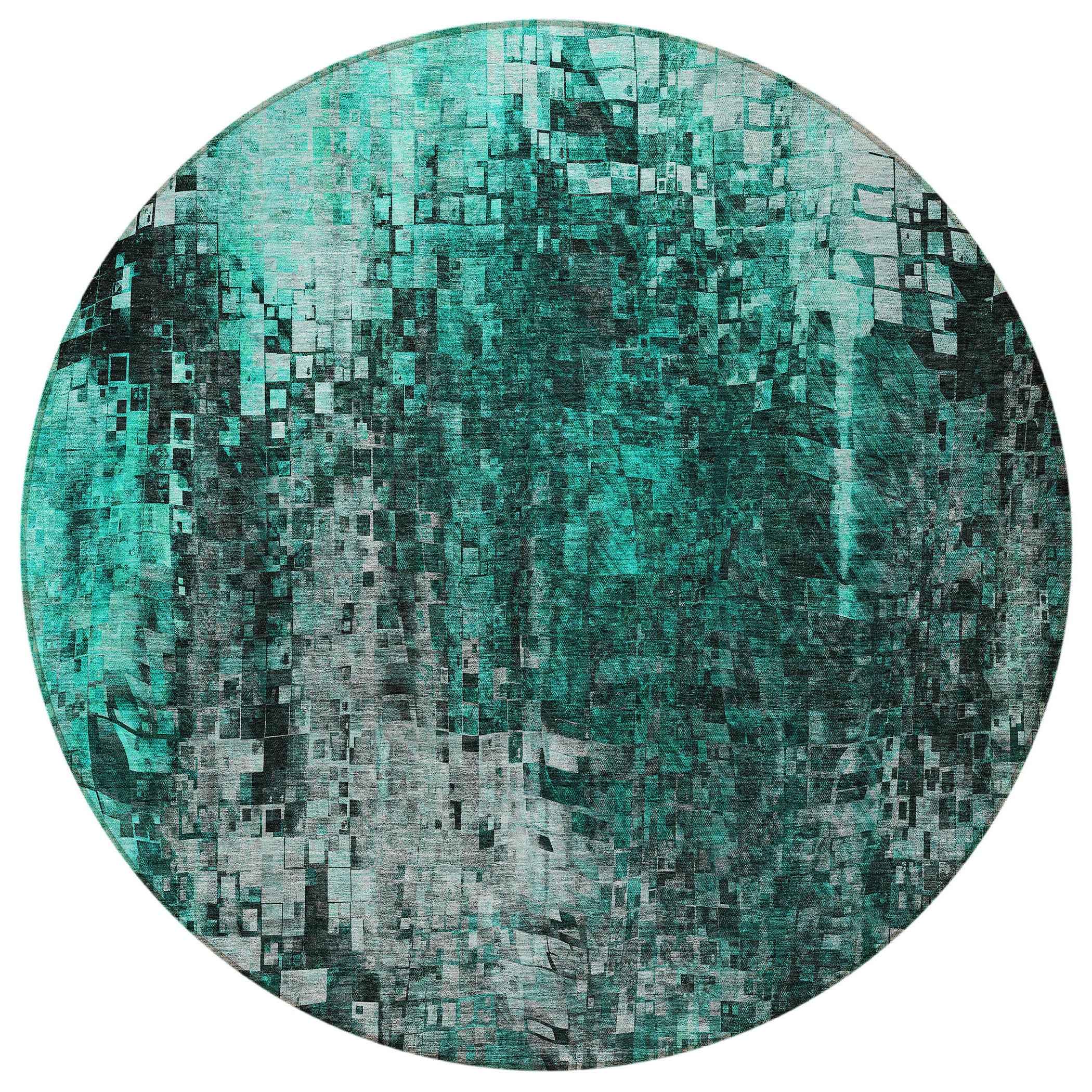 8' Teal Blue Aqua And Gray Round Abstract Washable Indoor Outdoor Area Rug