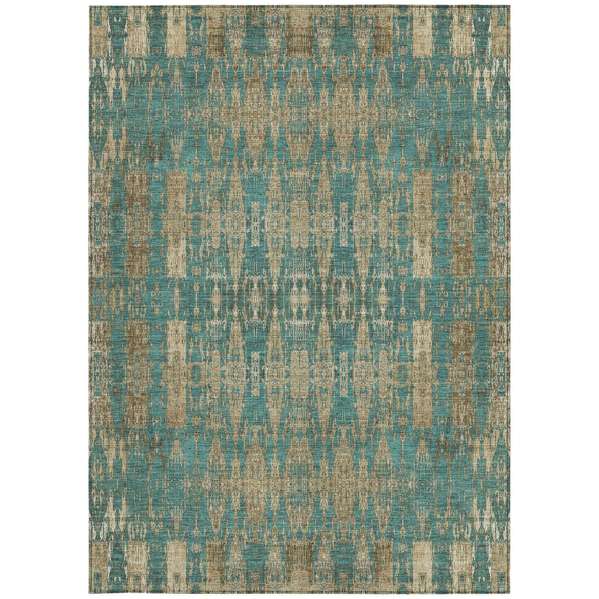 9' X 12' Teal Blue Taupe And Beige Moroccan Washable Indoor Outdoor Area Rug