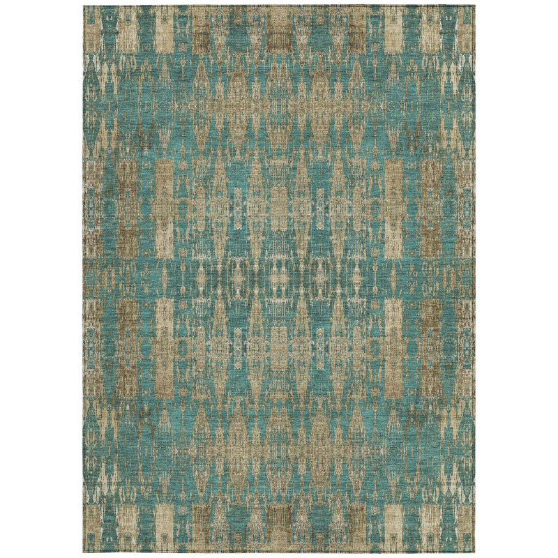 9' X 12' Teal Blue Taupe And Beige Moroccan Washable Indoor Outdoor Area Rug