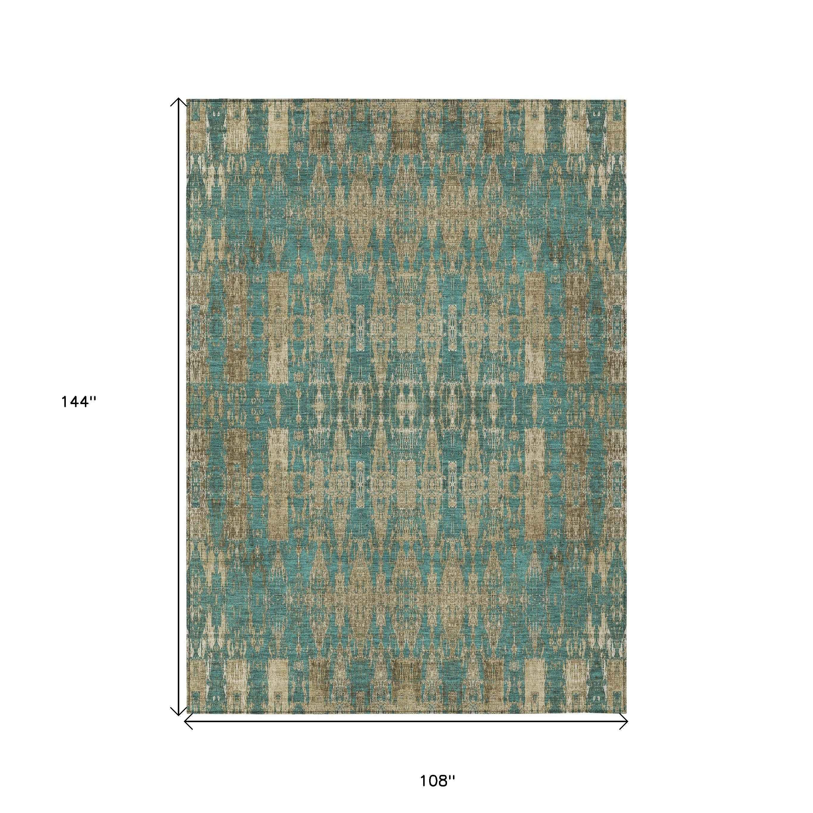 9' X 12' Teal Blue Taupe And Beige Moroccan Washable Indoor Outdoor Area Rug