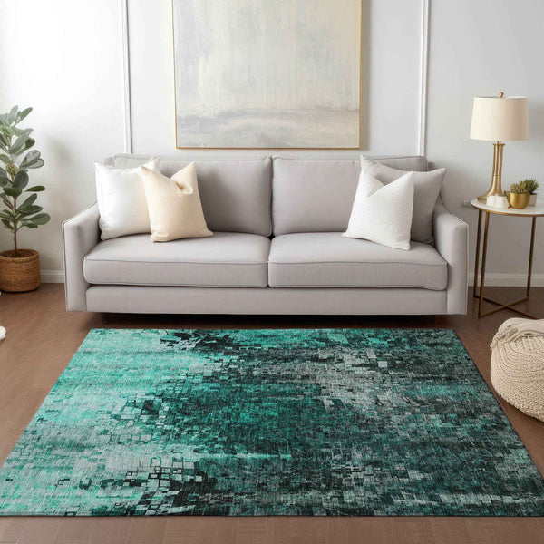 10' X 14' Teal Blue Aqua And Gray Abstract Washable Indoor Outdoor Area Rug