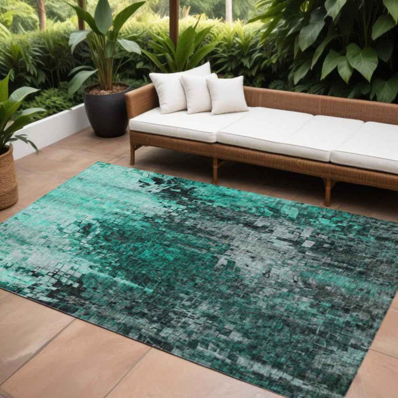 10' X 14' Teal Blue Aqua And Gray Abstract Washable Indoor Outdoor Area Rug