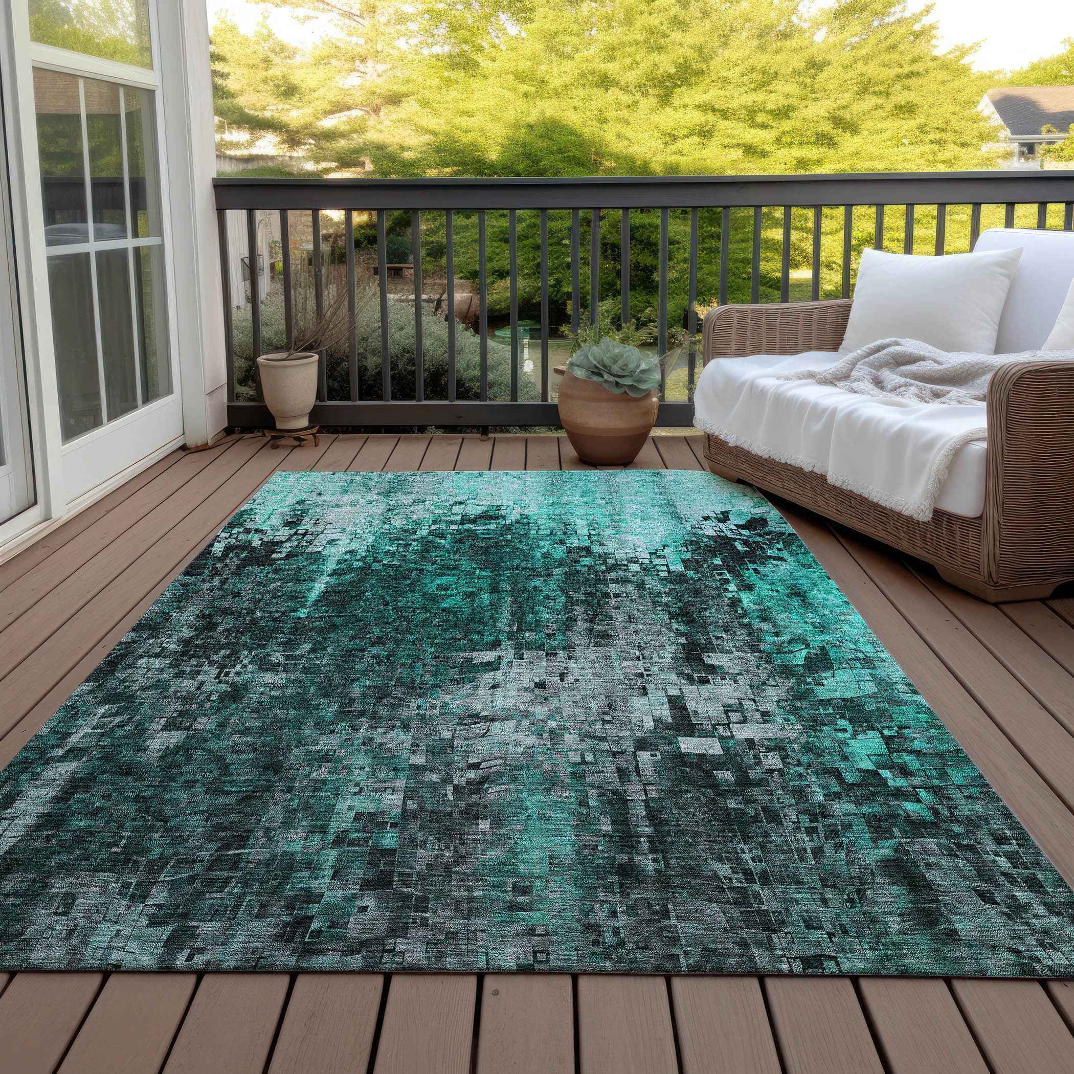 10' X 14' Teal Blue Aqua And Gray Abstract Washable Indoor Outdoor Area Rug