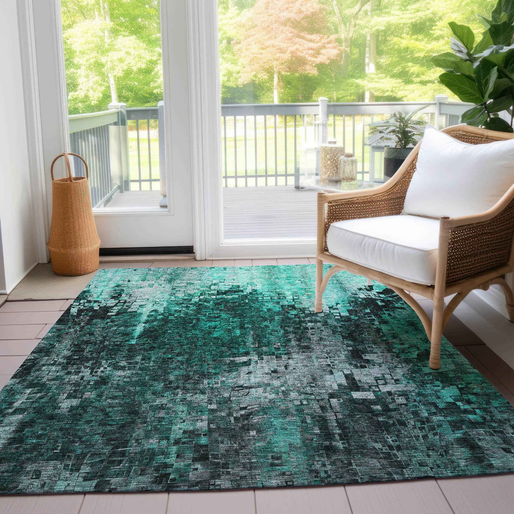 10' X 14' Teal Blue Aqua And Gray Abstract Washable Indoor Outdoor Area Rug