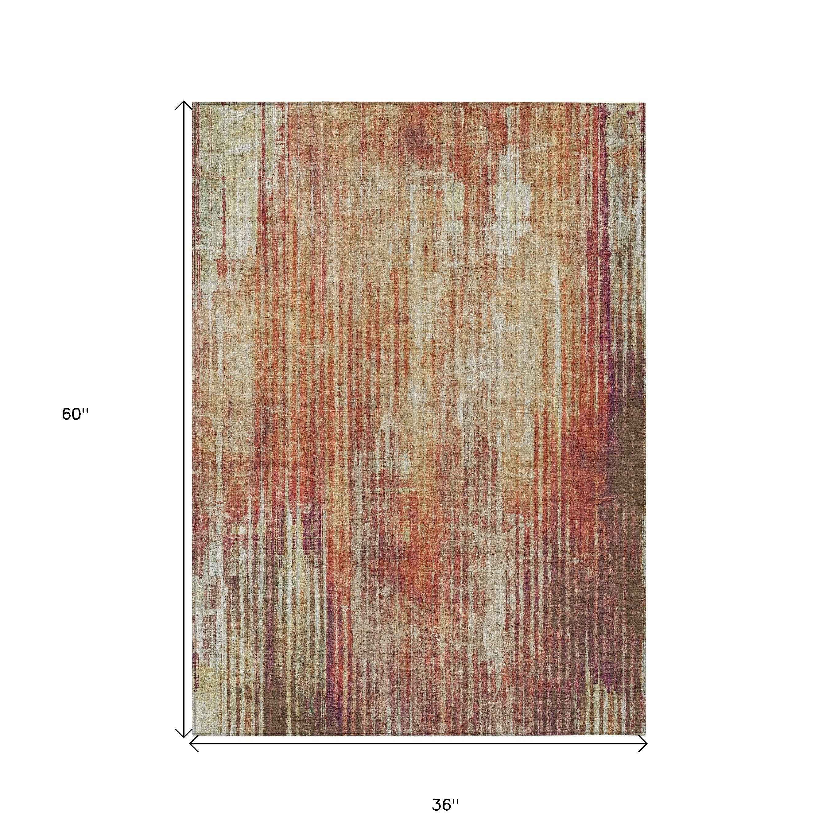 3' X 5' Orange Beige And Taupe Striped Washable Indoor Outdoor Area Rug