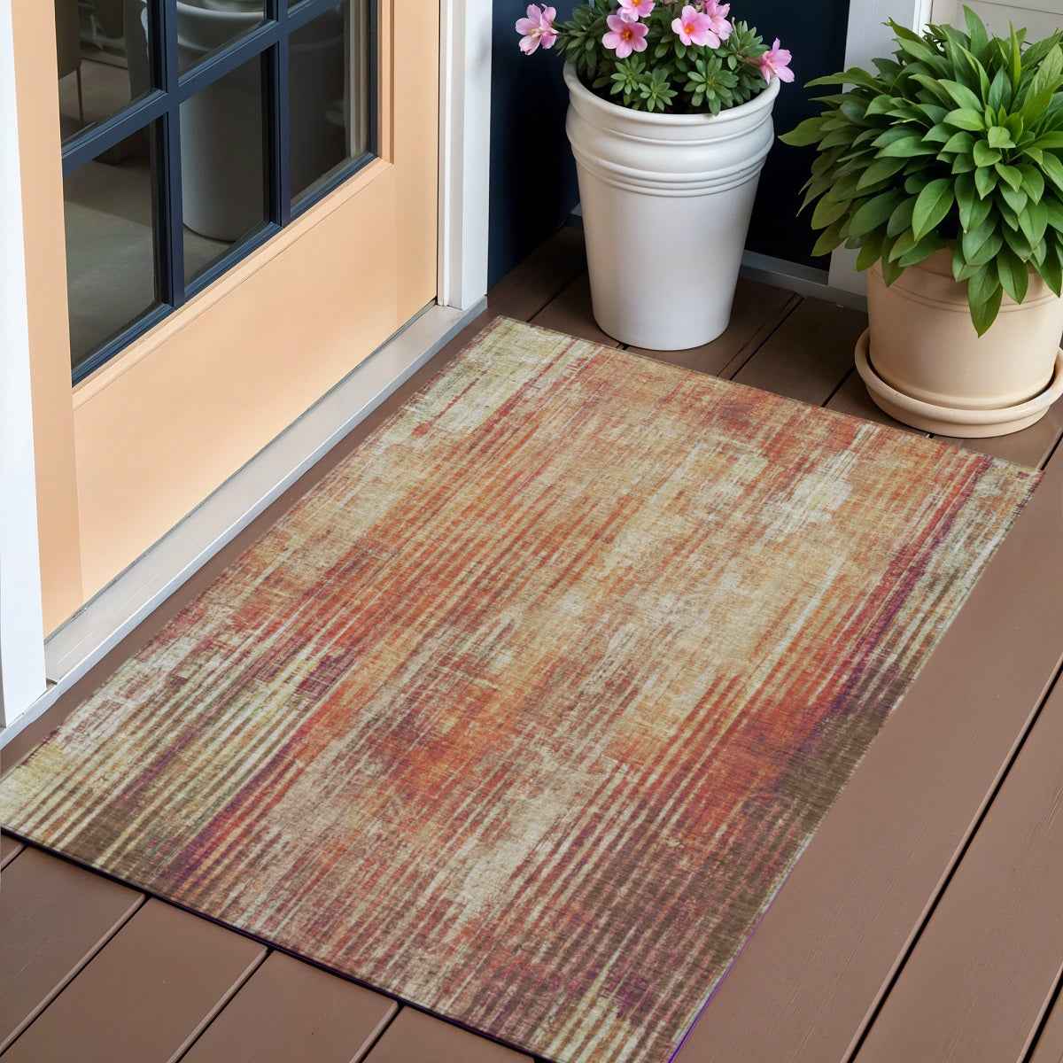 3' X 5' Orange Beige And Taupe Striped Washable Indoor Outdoor Area Rug