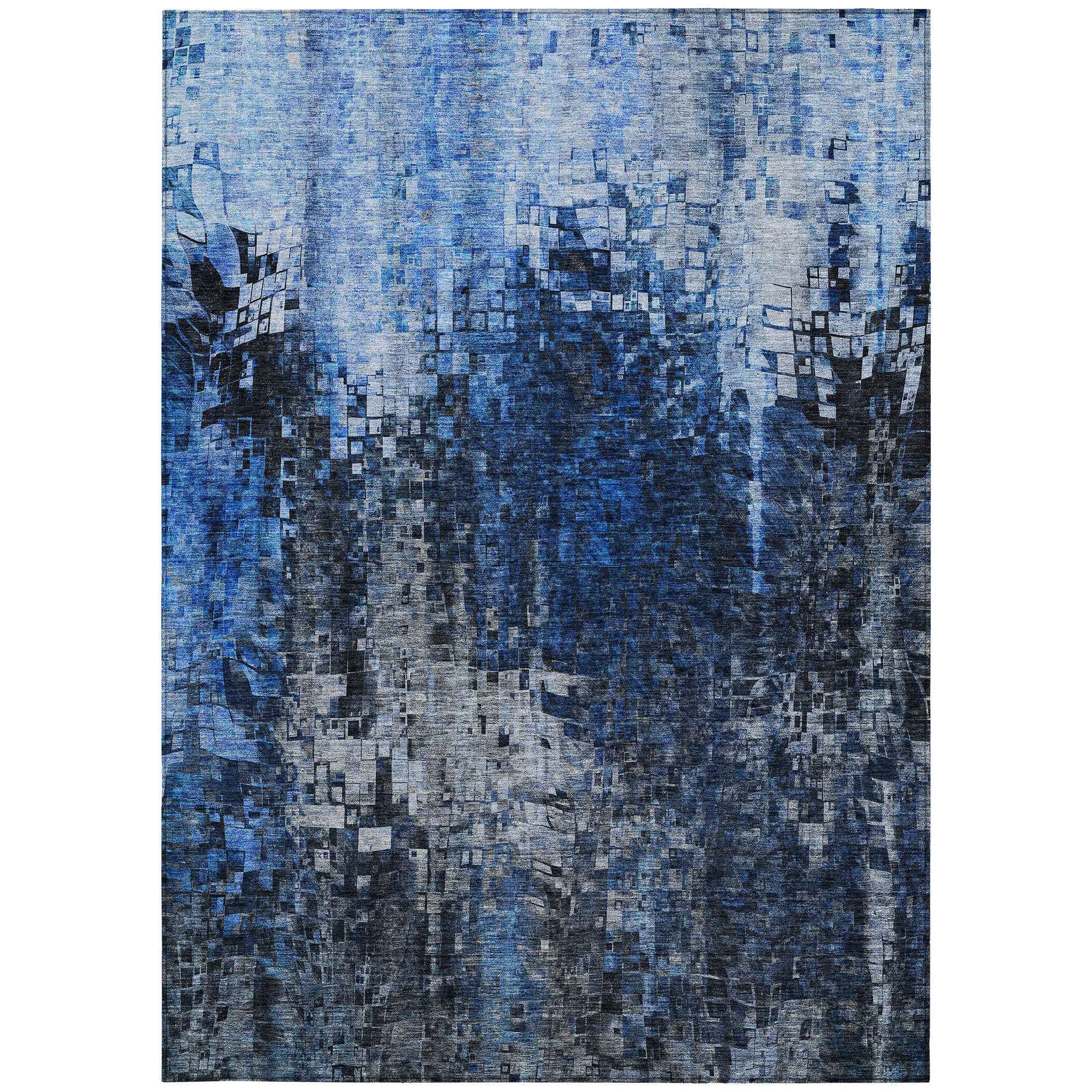 9' X 12' Navy Blue And Denim Blue Abstract Washable Indoor Outdoor Area Rug