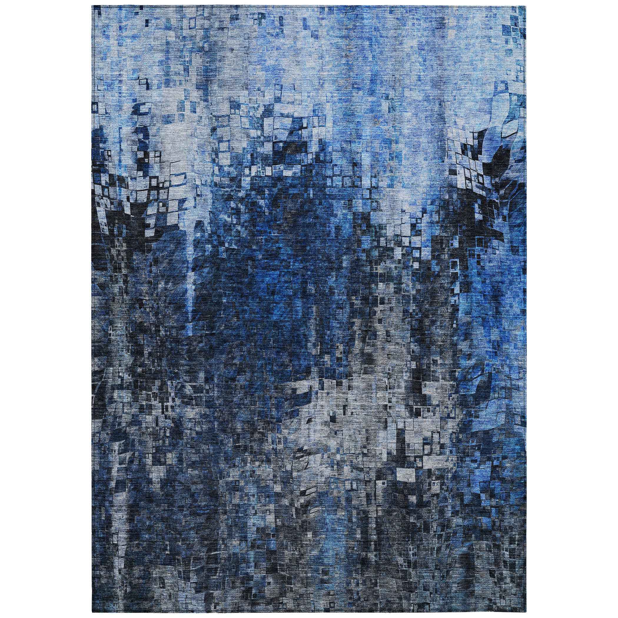 9' X 12' Navy Blue And Denim Blue Abstract Washable Indoor Outdoor Area Rug