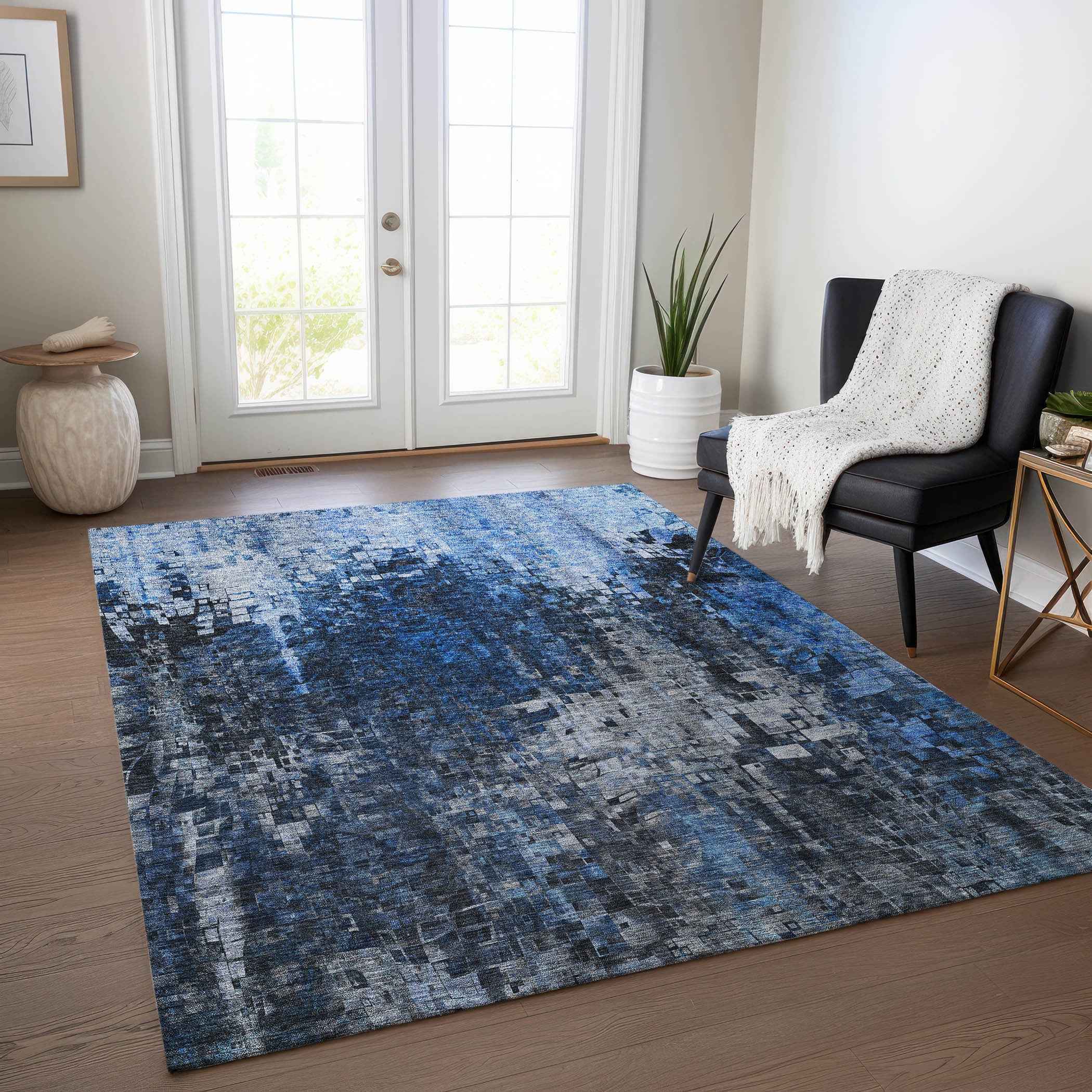 9' X 12' Navy Blue And Denim Blue Abstract Washable Indoor Outdoor Area Rug