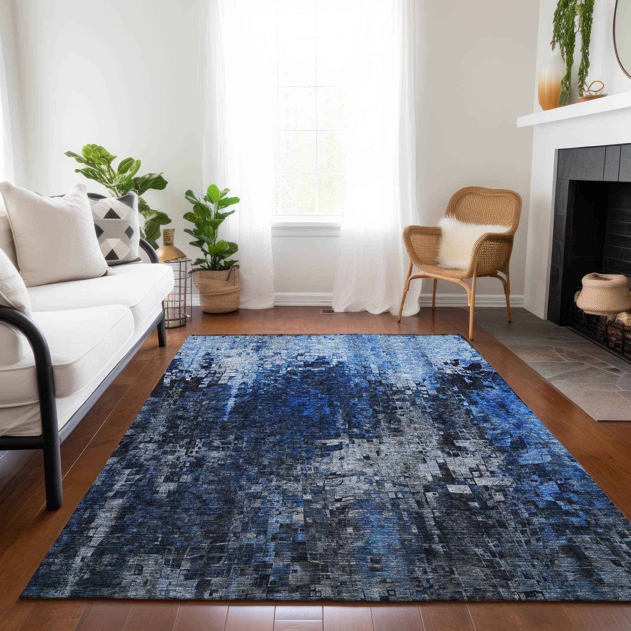 9' X 12' Navy Blue And Denim Blue Abstract Washable Indoor Outdoor Area Rug