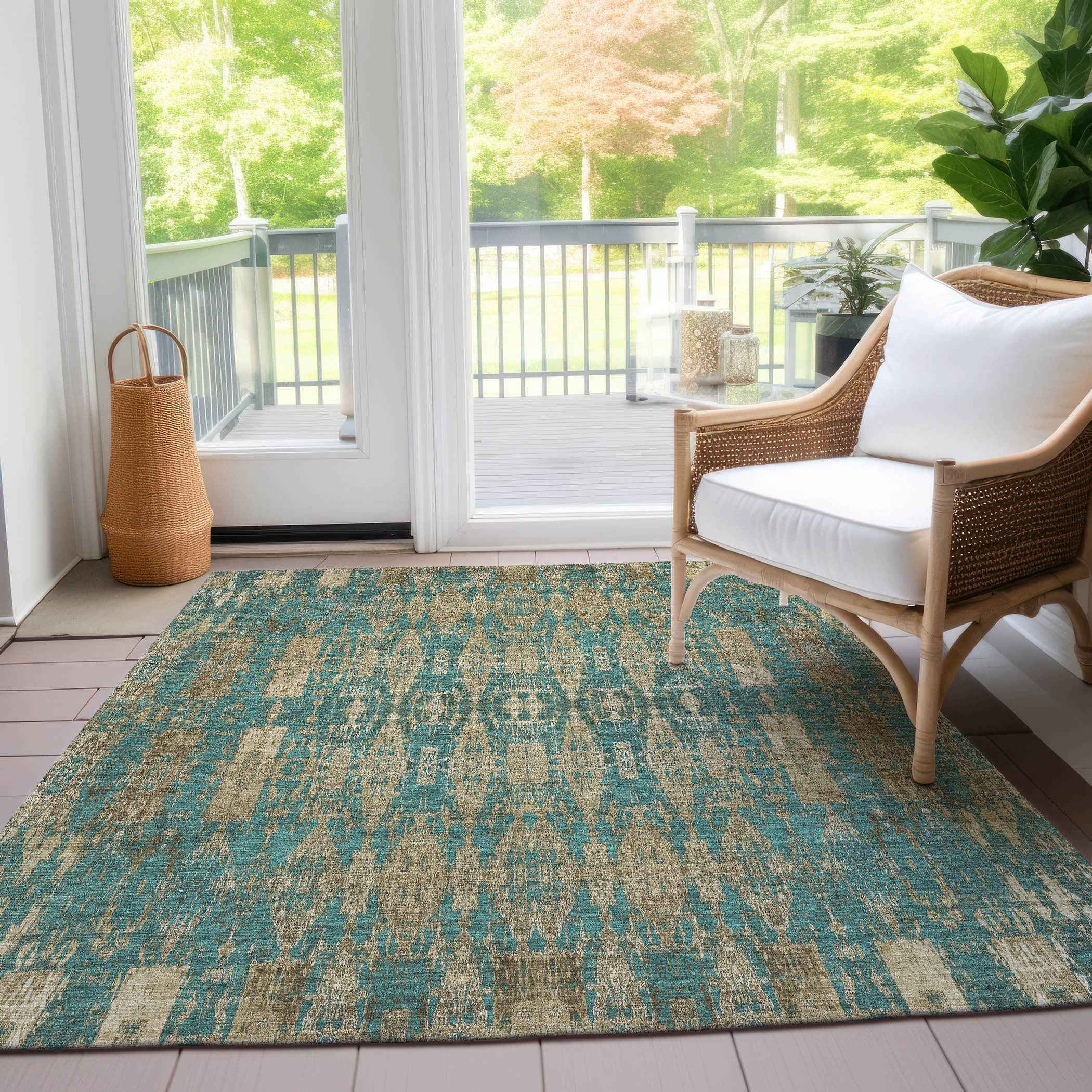 3' X 5' Teal Blue Taupe And Beige Moroccan Washable Indoor Outdoor Area Rug