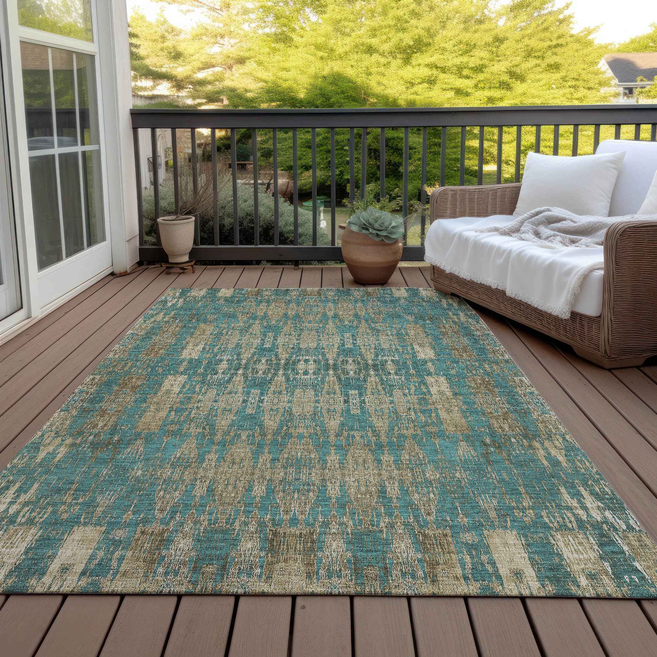 3' X 5' Teal Blue Taupe And Beige Moroccan Washable Indoor Outdoor Area Rug