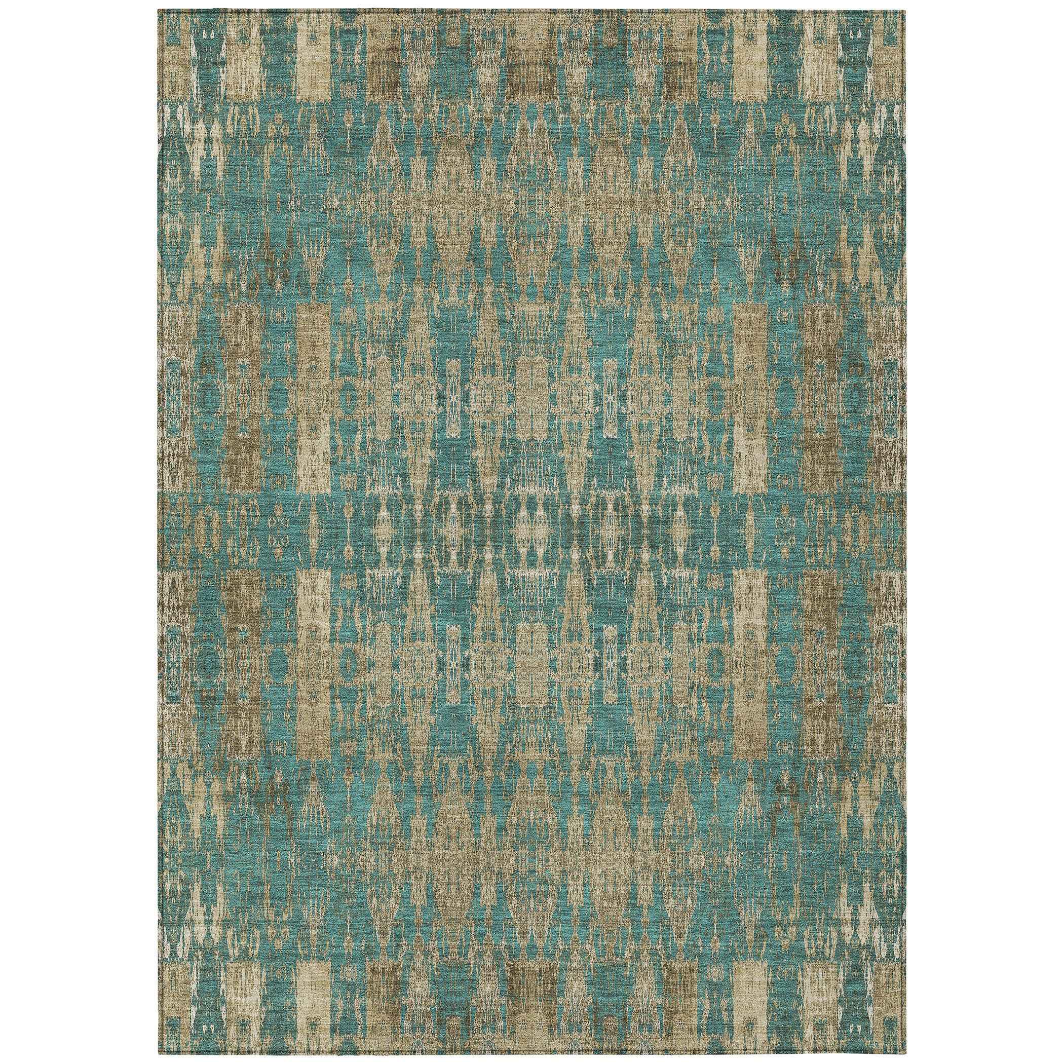 3' X 5' Teal Blue Taupe And Beige Moroccan Washable Indoor Outdoor Area Rug