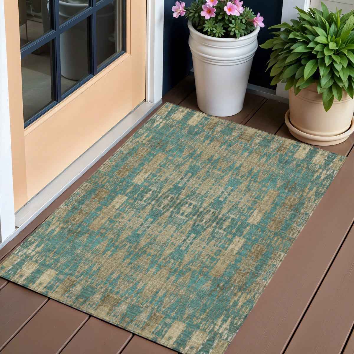 3' X 5' Teal Blue Taupe And Beige Moroccan Washable Indoor Outdoor Area Rug