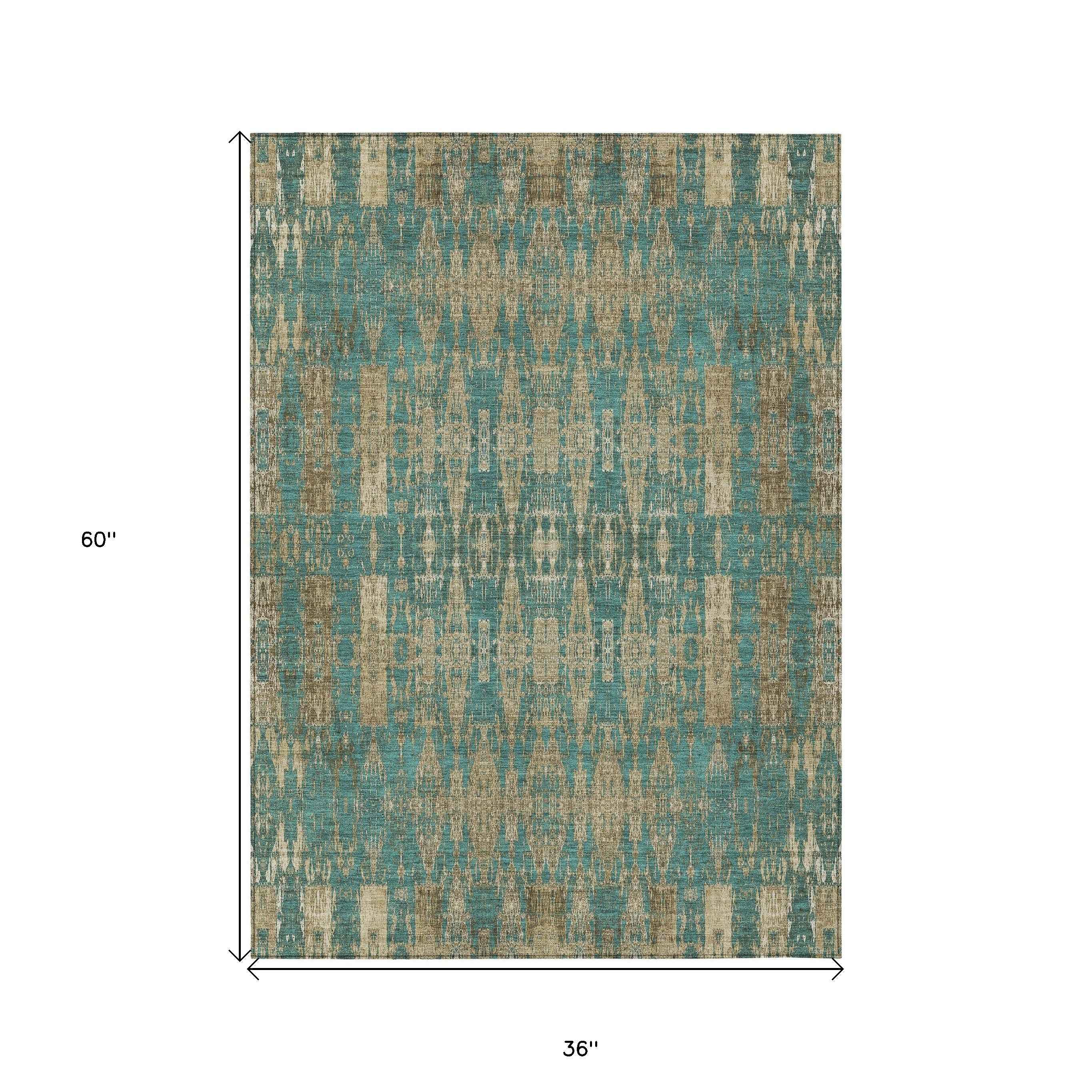 3' X 5' Teal Blue Taupe And Beige Moroccan Washable Indoor Outdoor Area Rug