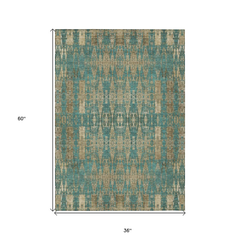 3' X 5' Teal Blue Taupe And Beige Moroccan Washable Indoor Outdoor Area Rug