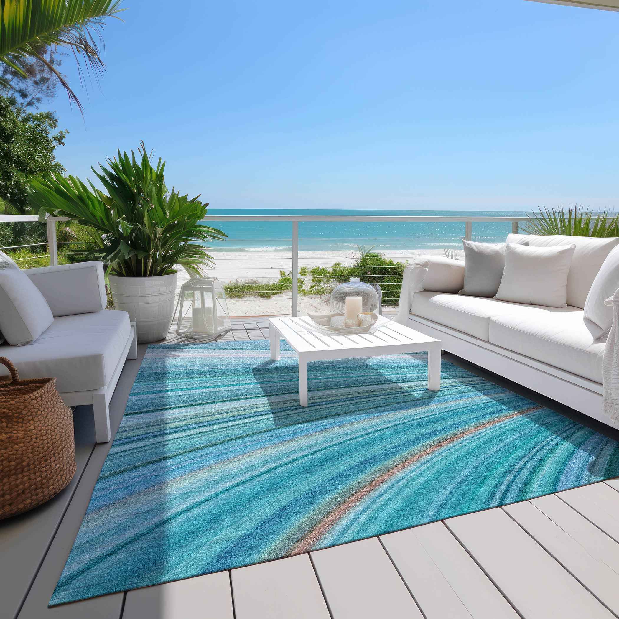 3' X 5' Teal Blue Aqua And Blue Abstract Washable Indoor Outdoor Area Rug