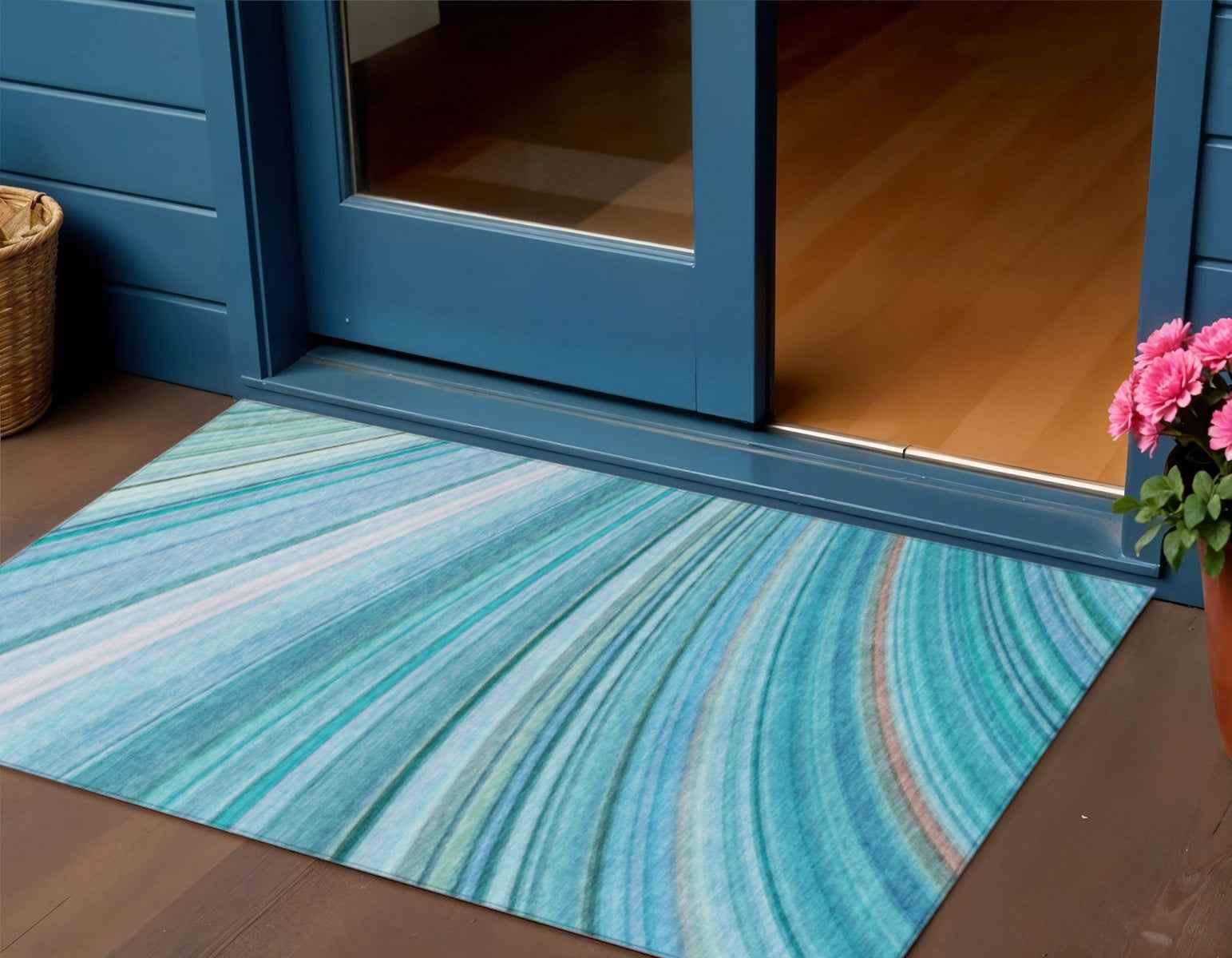 3' X 5' Teal Blue Aqua And Blue Abstract Washable Indoor Outdoor Area Rug