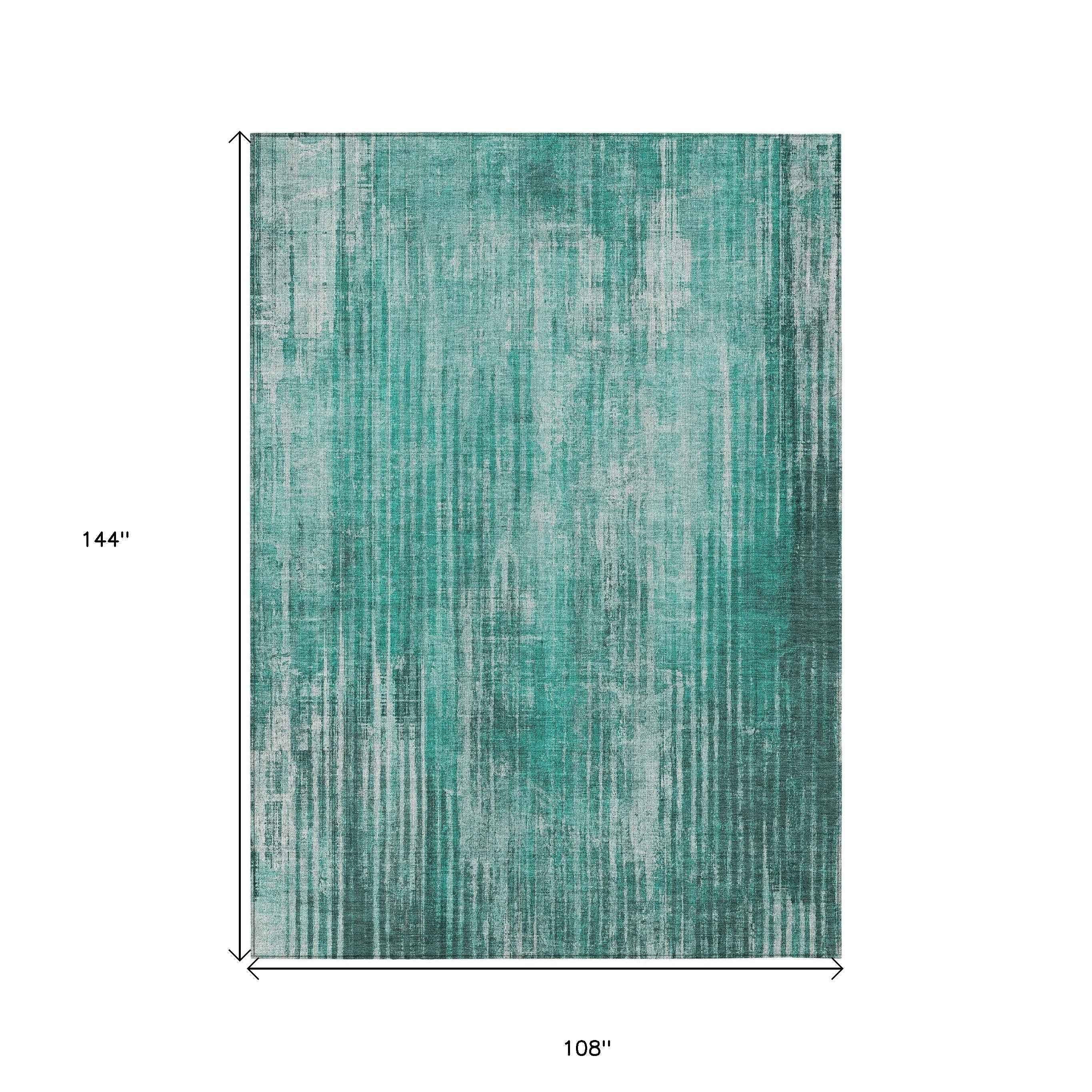 9' X 12' Teal Blue Aqua And Gray Striped Washable Indoor Outdoor Area Rug
