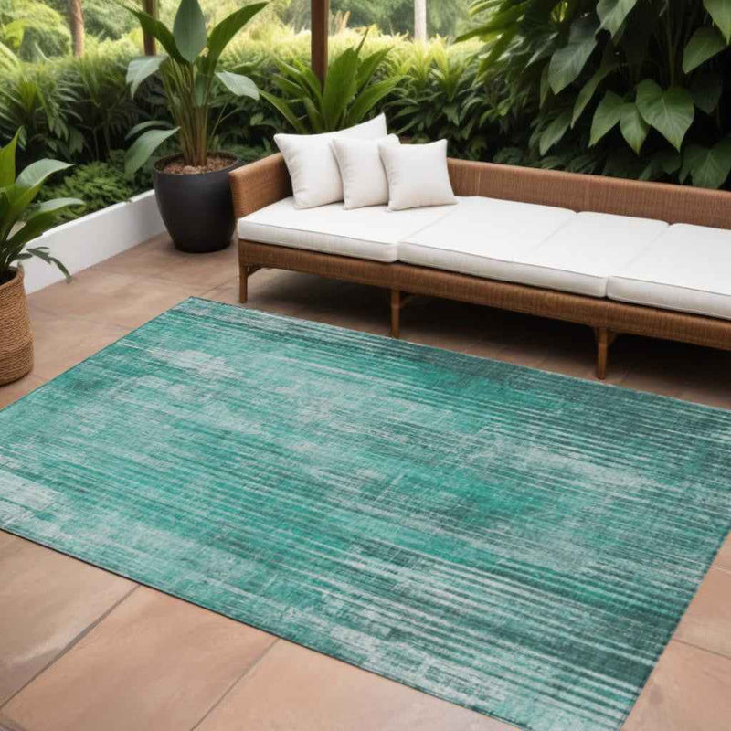 9' X 12' Teal Blue Aqua And Gray Striped Washable Indoor Outdoor Area Rug