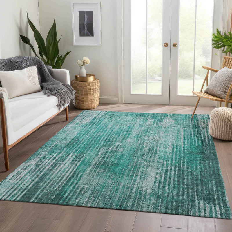 9' X 12' Teal Blue Aqua And Gray Striped Washable Indoor Outdoor Area Rug