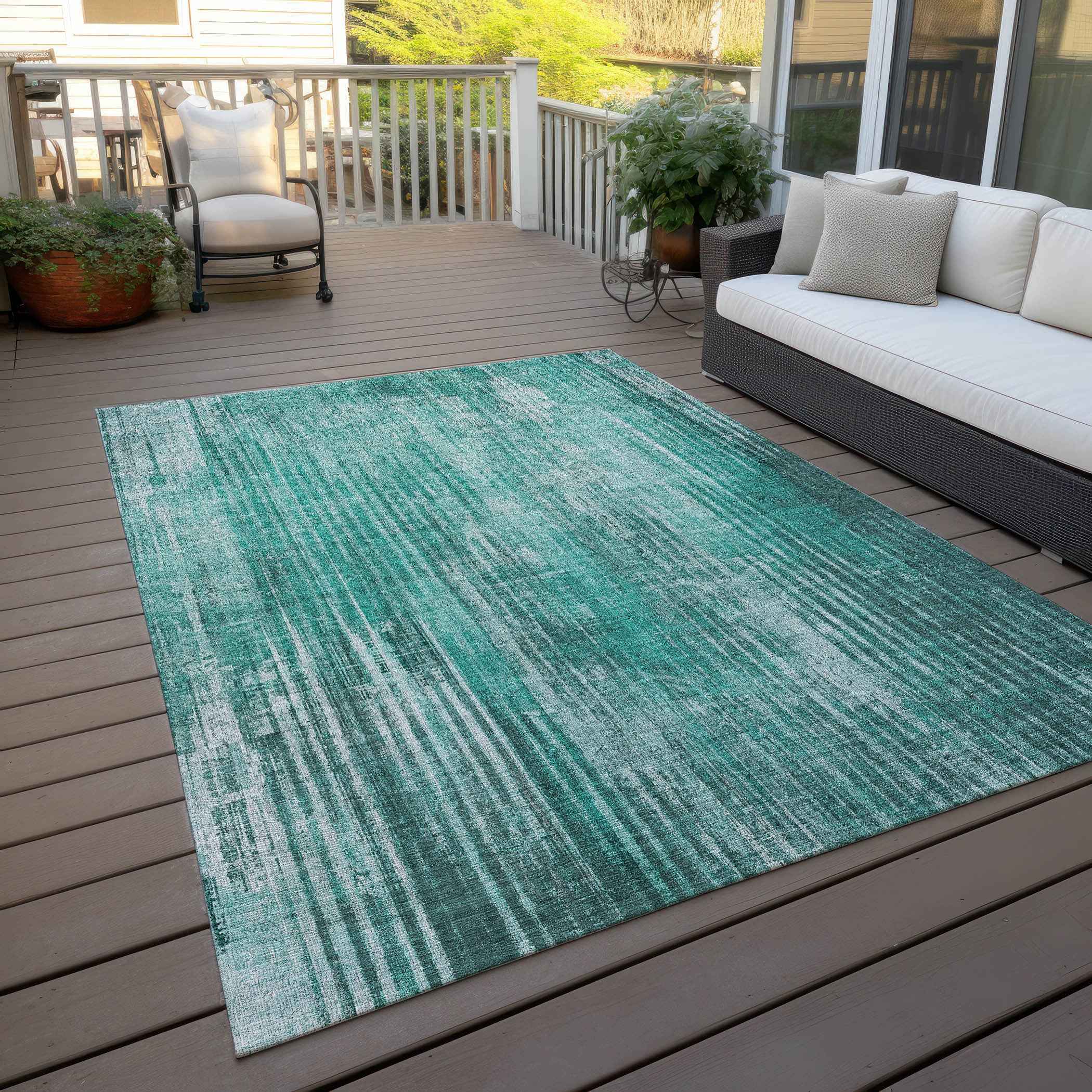 9' X 12' Teal Blue Aqua And Gray Striped Washable Indoor Outdoor Area Rug