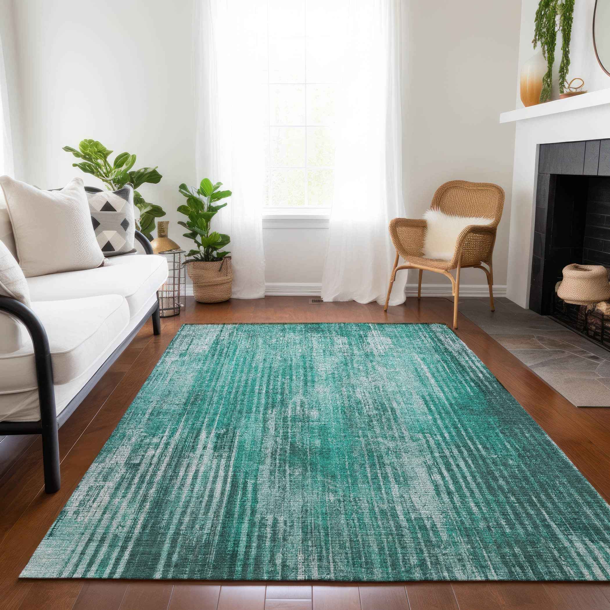 9' X 12' Teal Blue Aqua And Gray Striped Washable Indoor Outdoor Area Rug