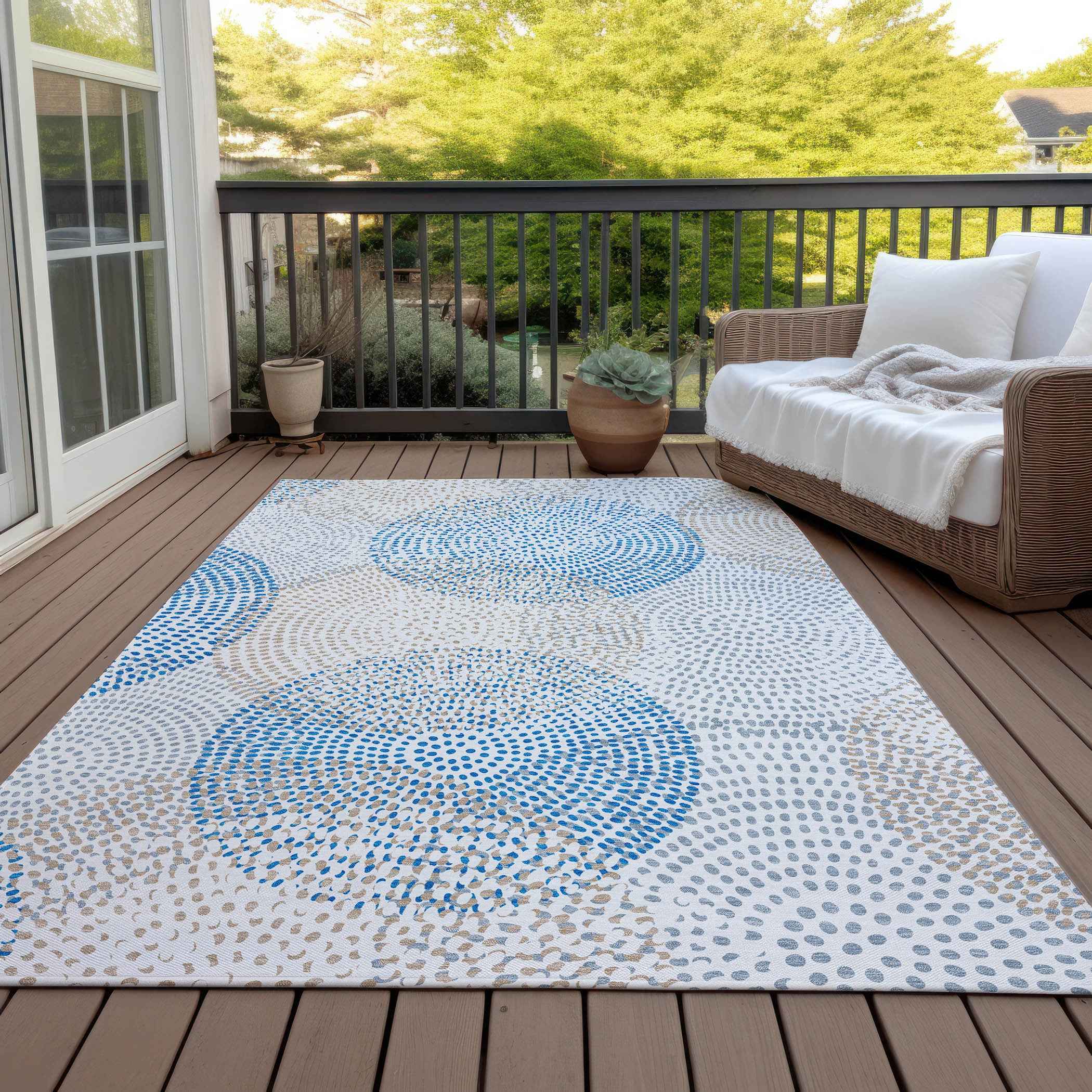 5' X 8' Ivory Blue And Taupe Polka Dot Washable Indoor Outdoor Area Rug