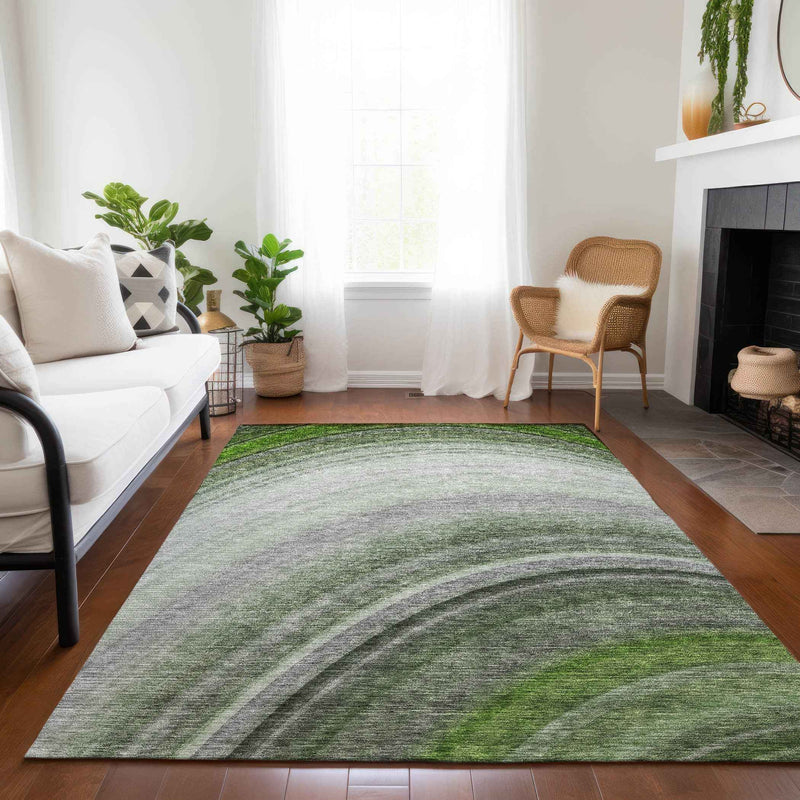 9' X 12' Green And Artichoke Green Abstract Washable Indoor Outdoor Area Rug