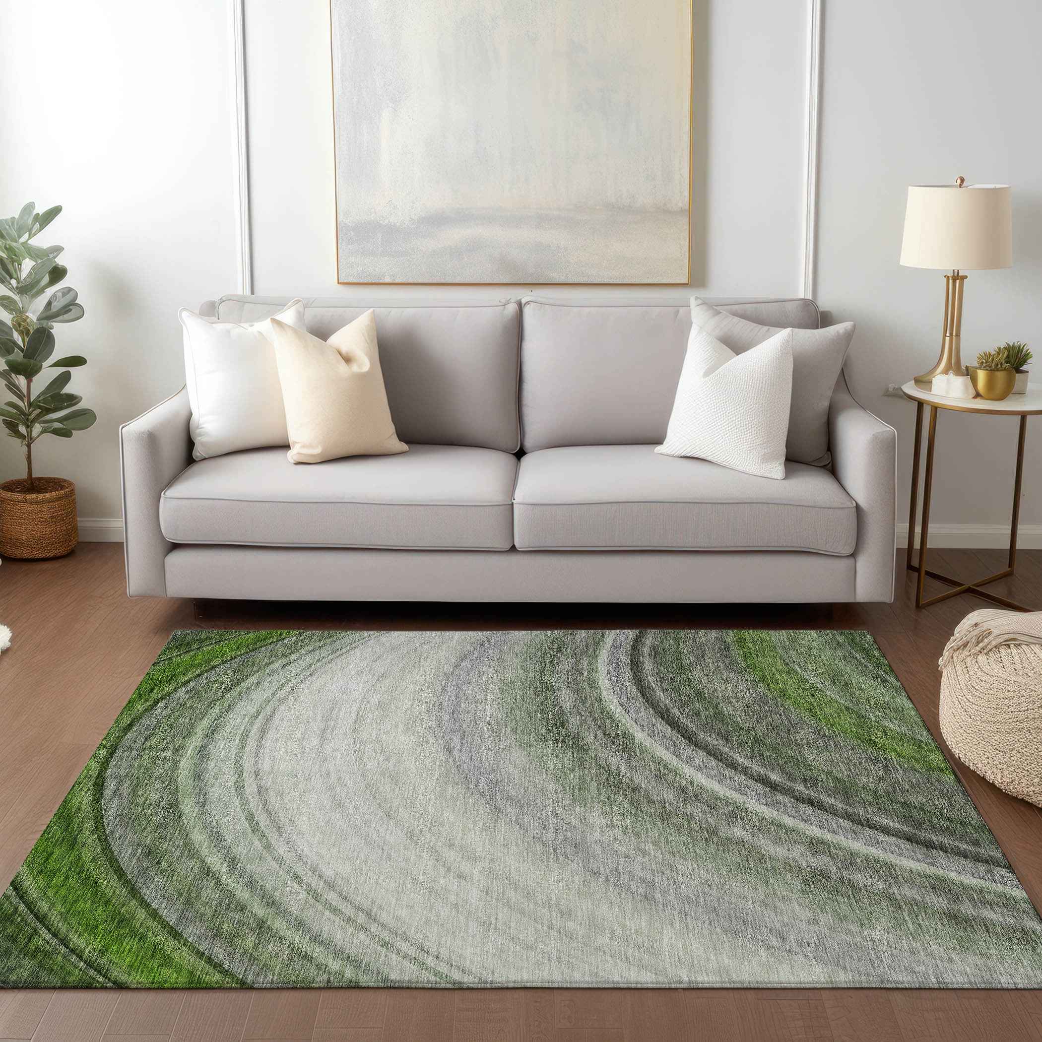9' X 12' Green And Artichoke Green Abstract Washable Indoor Outdoor Area Rug