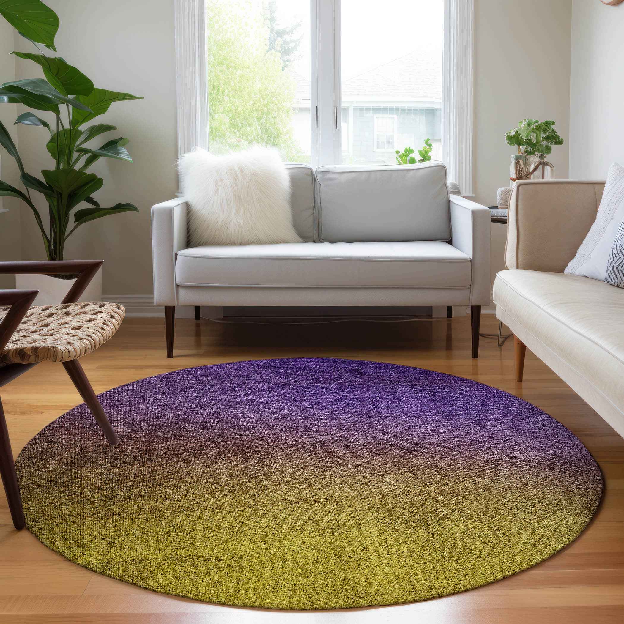 8' Purple Gold And Blue Round Ombre Washable Indoor Outdoor Area Rug