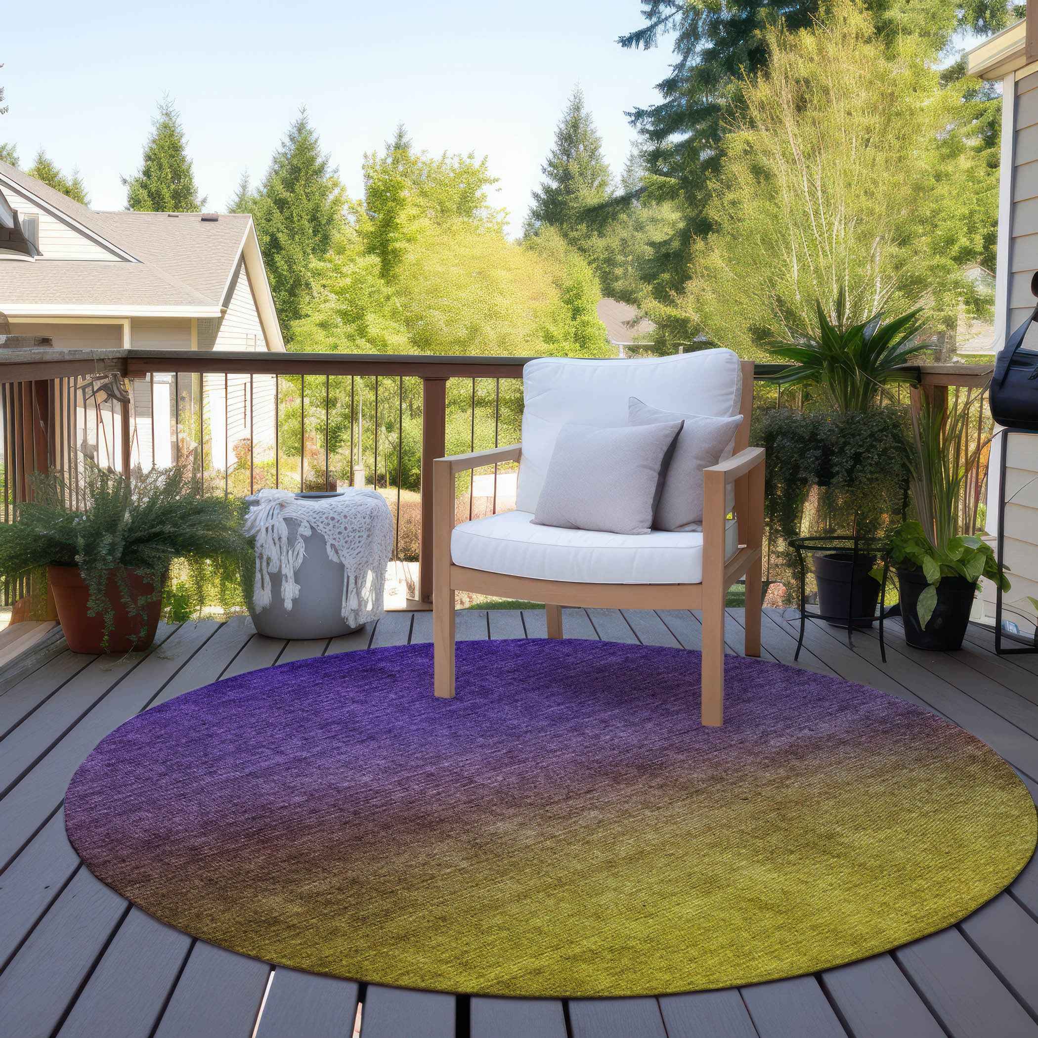 8' Purple Gold And Blue Round Ombre Washable Indoor Outdoor Area Rug