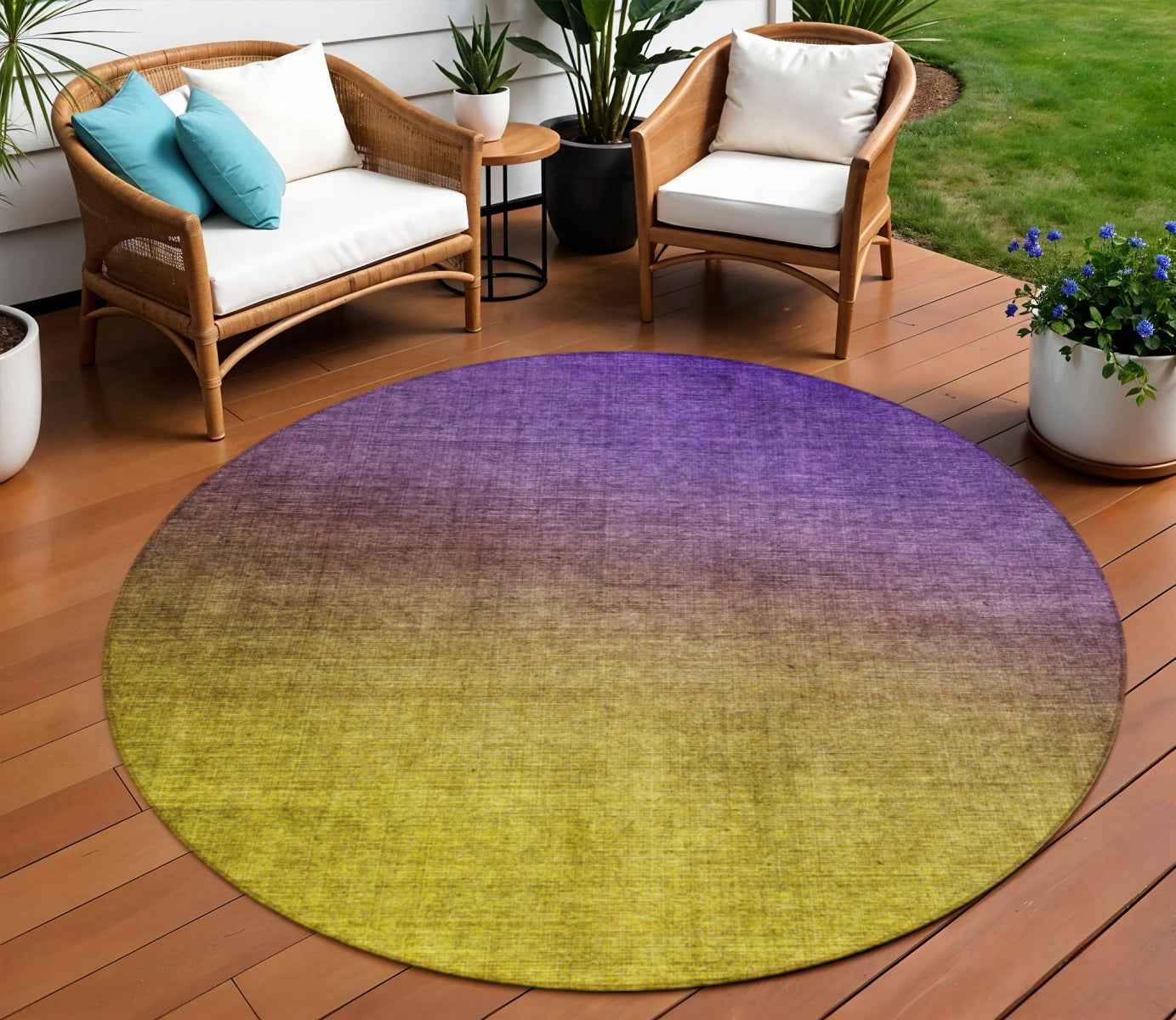 8' Purple Gold And Blue Round Ombre Washable Indoor Outdoor Area Rug