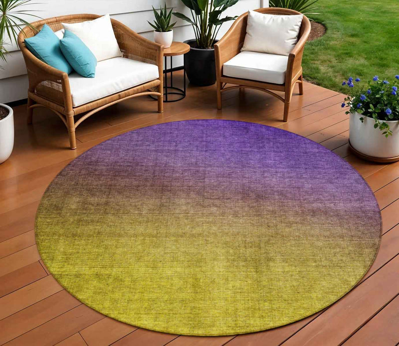 8' Purple Gold And Blue Round Ombre Washable Indoor Outdoor Area Rug